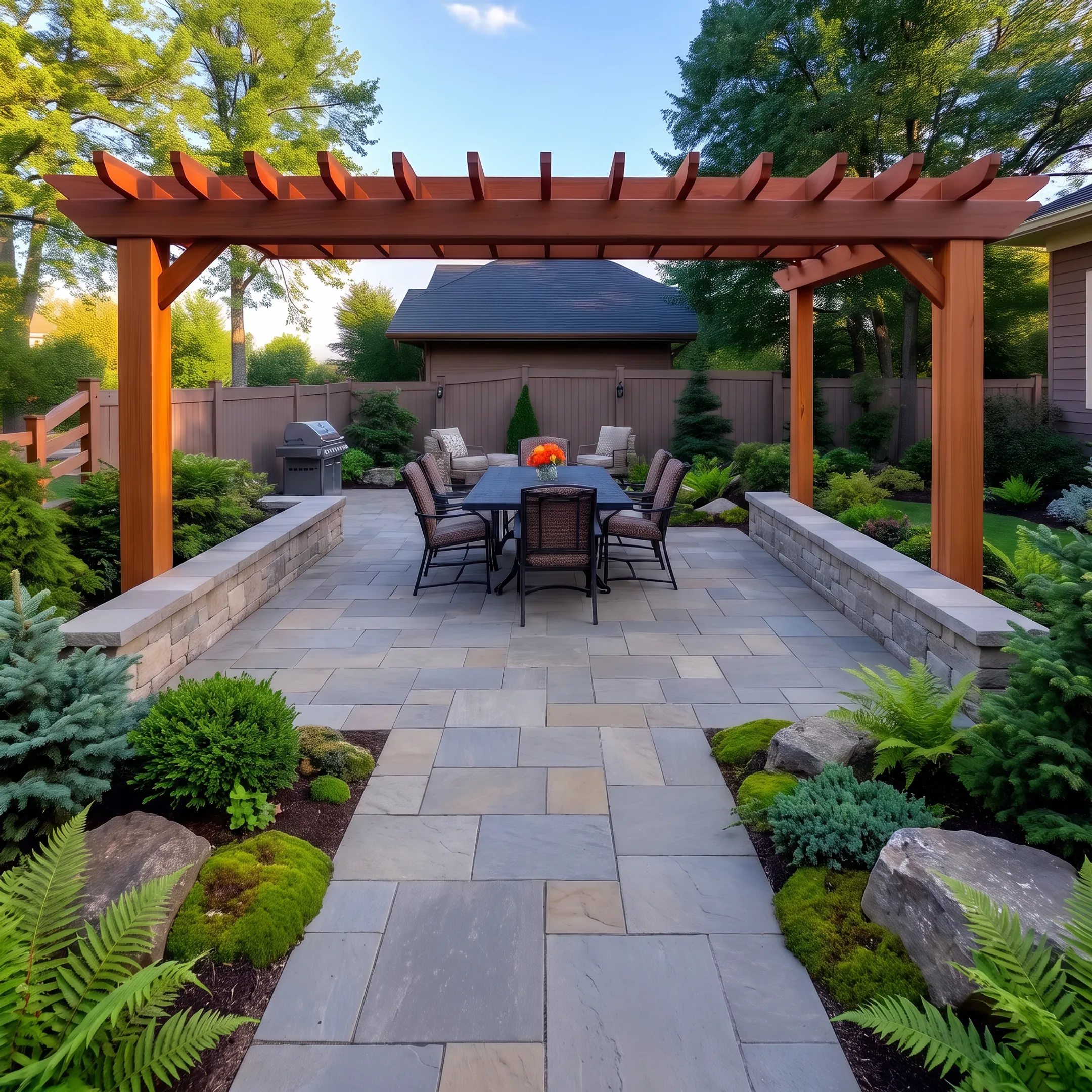 Custom stone paver patio and outdoor hardscape in a residential backyard