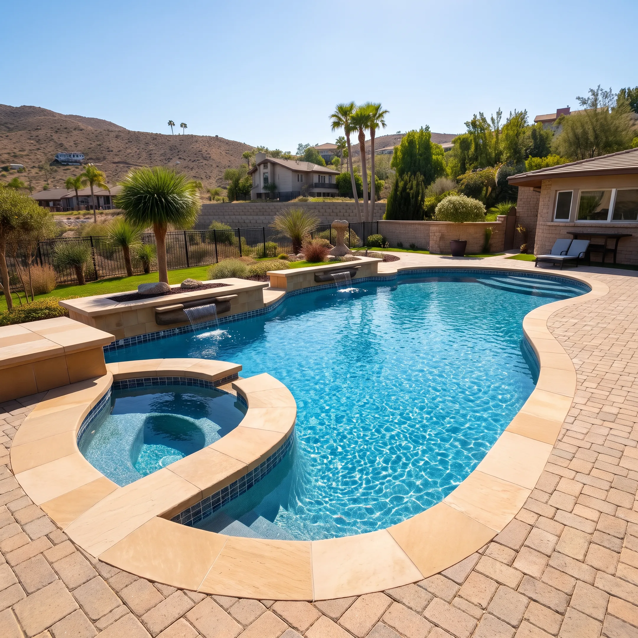 Custom gunite swimming pool and spa with stone deck in Ventura County