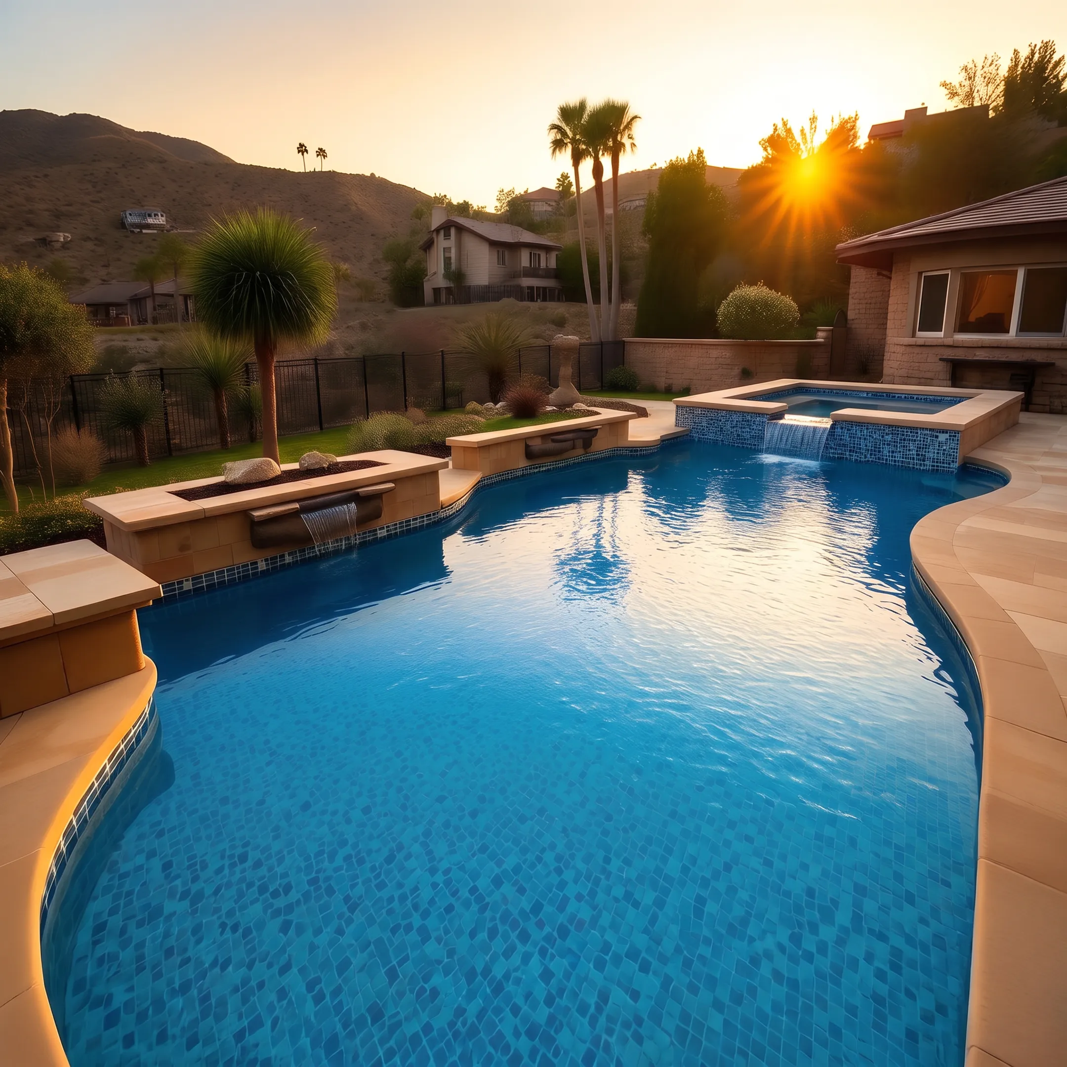 Custom gunite pool and integrated spa in a residential backyard