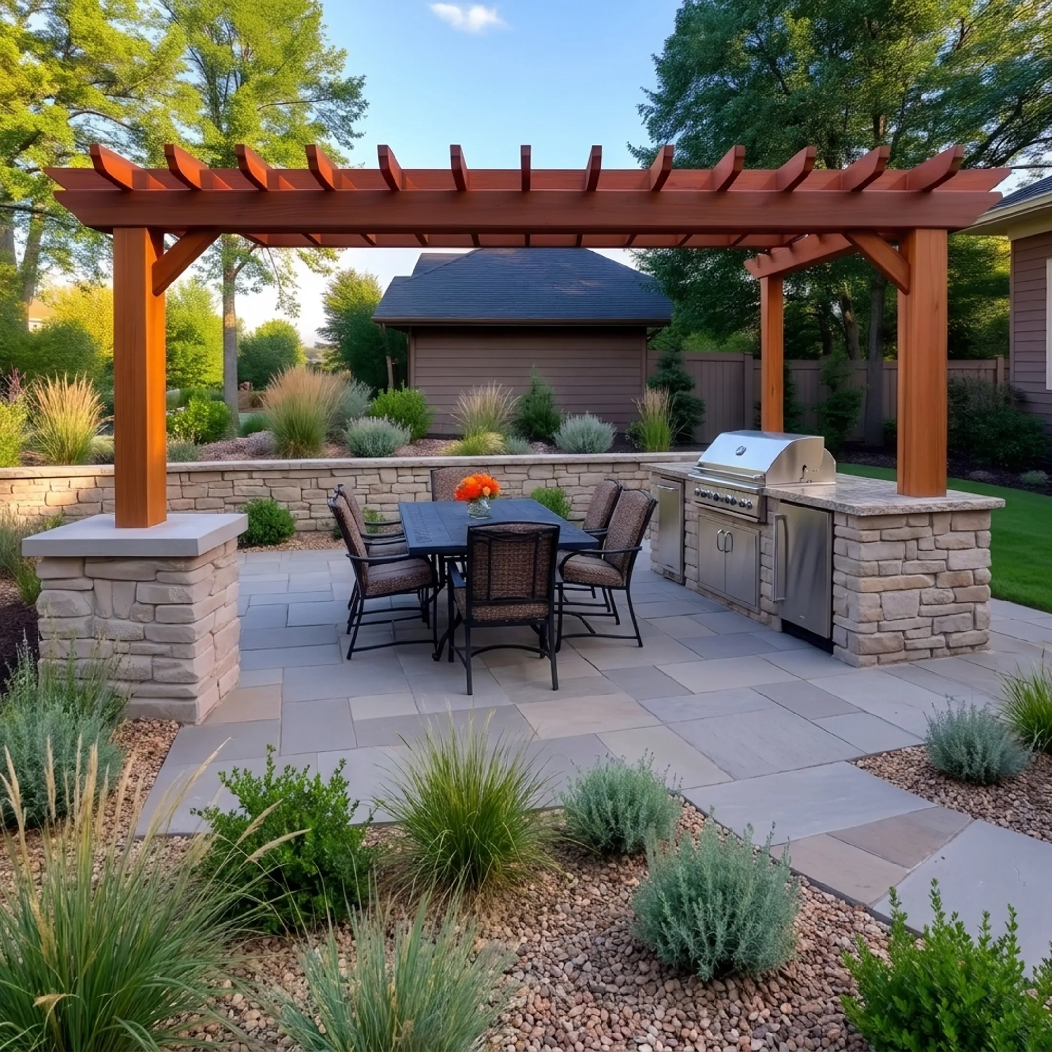 Completed residential landscape design with stone patio and garden beds