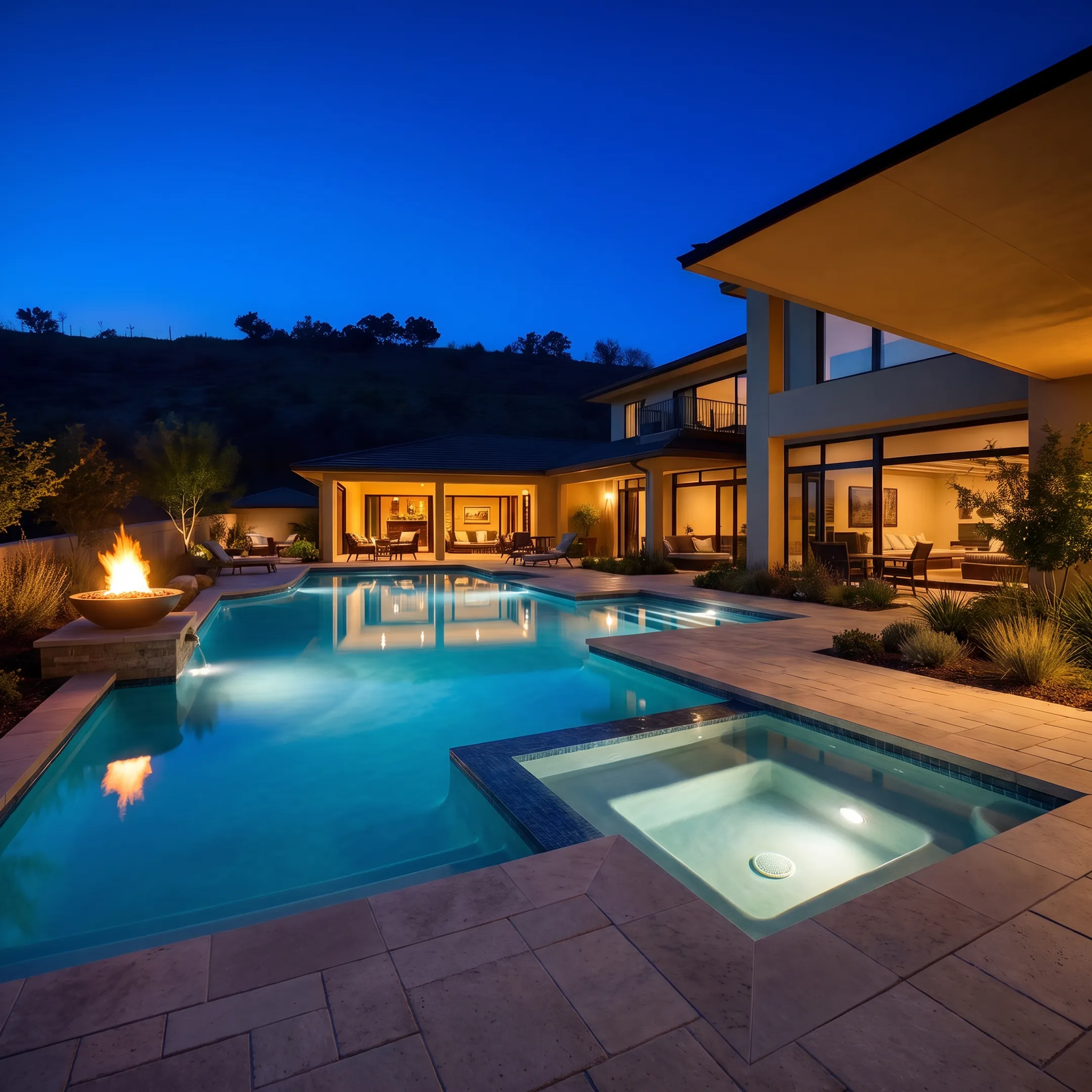 Modern remodeled residential swimming pool with stone coping and paver patio