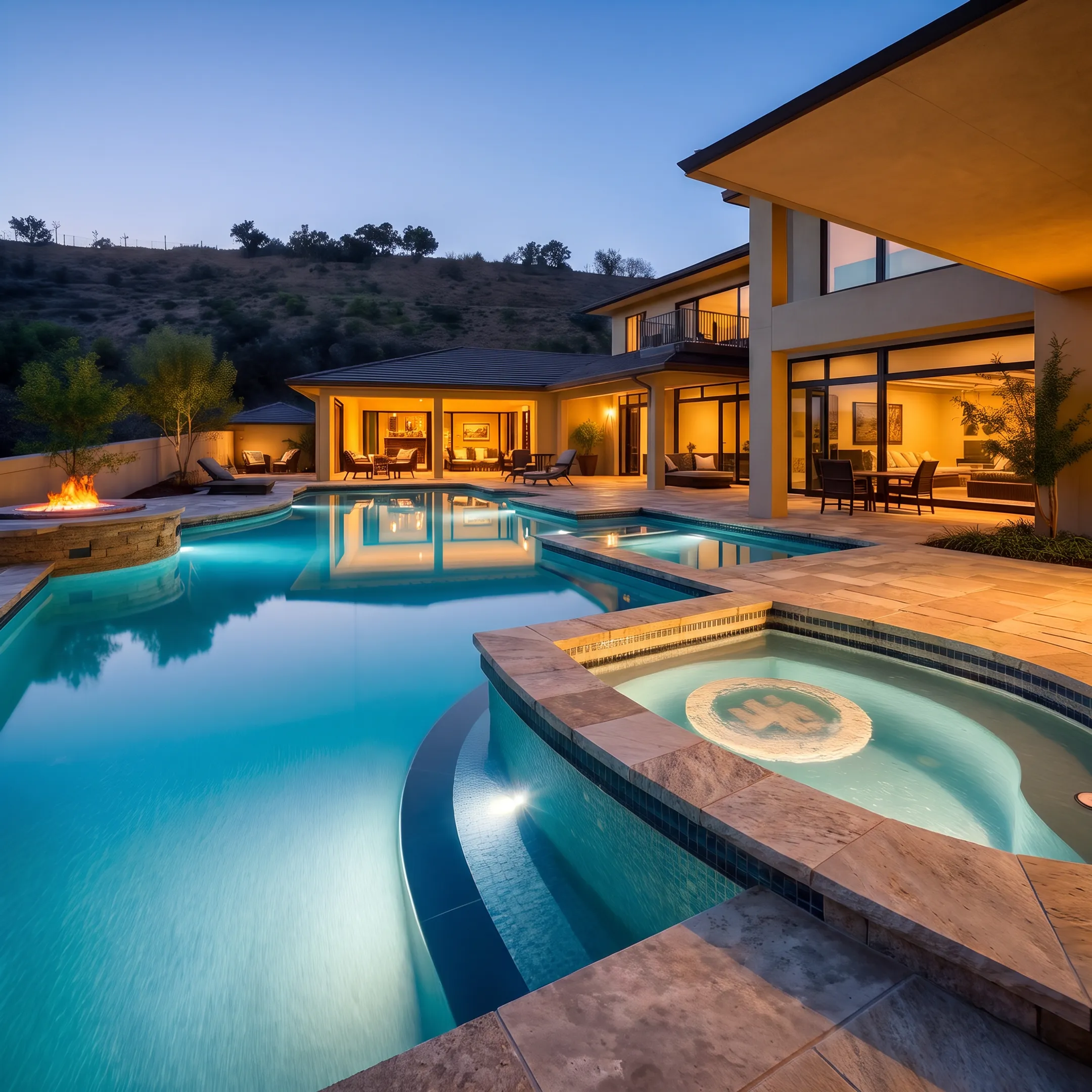 Custom swimming pool with integrated spa and paver patio hardscape in a residential backyard