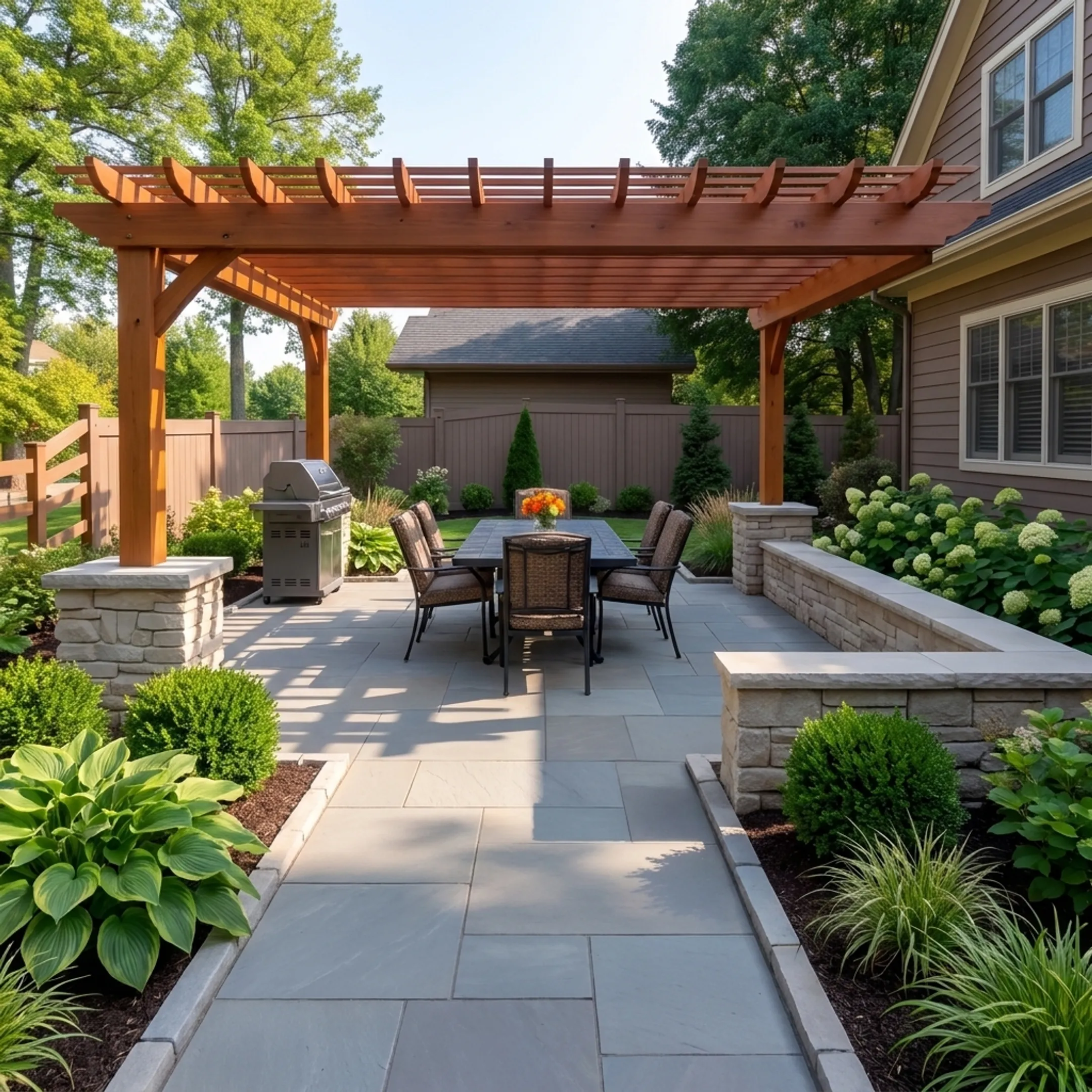 Finished stone paver patio and retaining wall in a suburban yard
