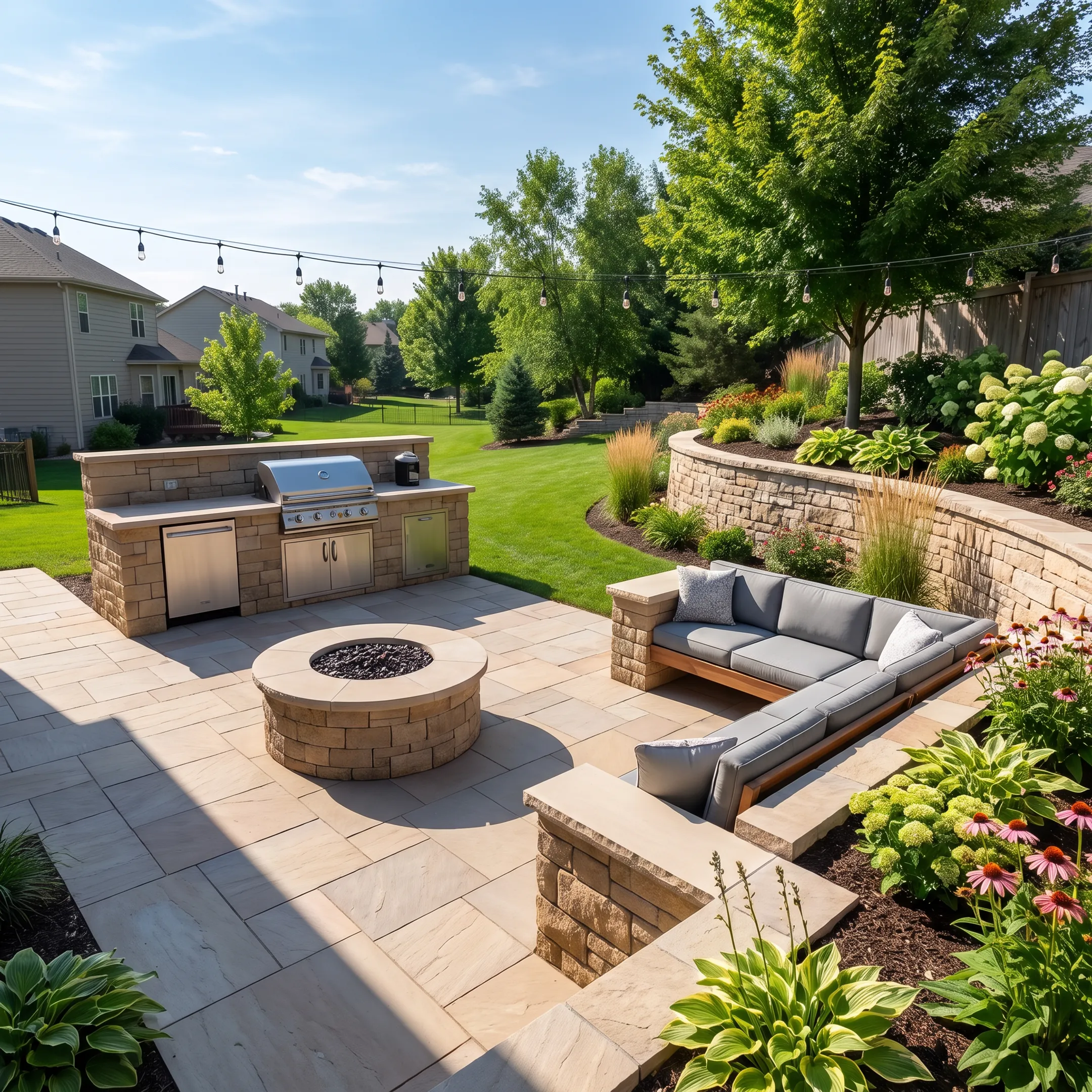 Custom paver patio and stone hardscaping in a residential backyard