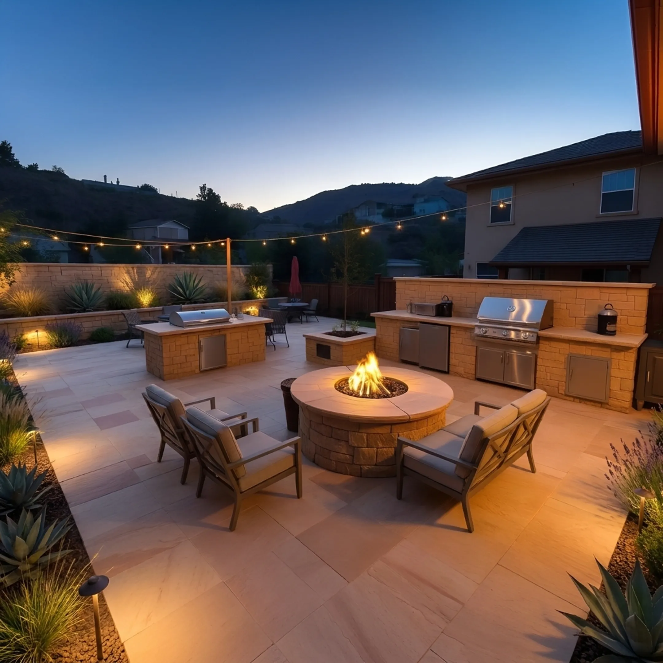 Modern backyard patio with subtle architectural uplighting and tree illumination