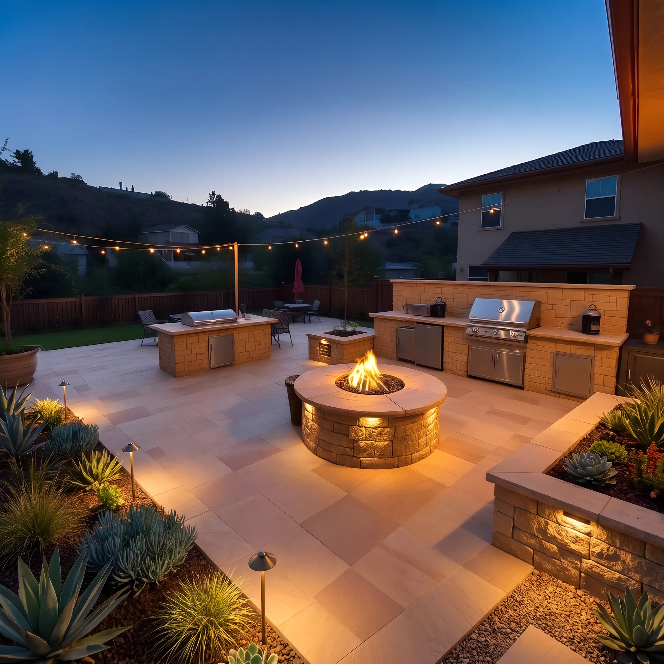 Illuminated residential garden pathway and outdoor living space with low-voltage landscape lighting