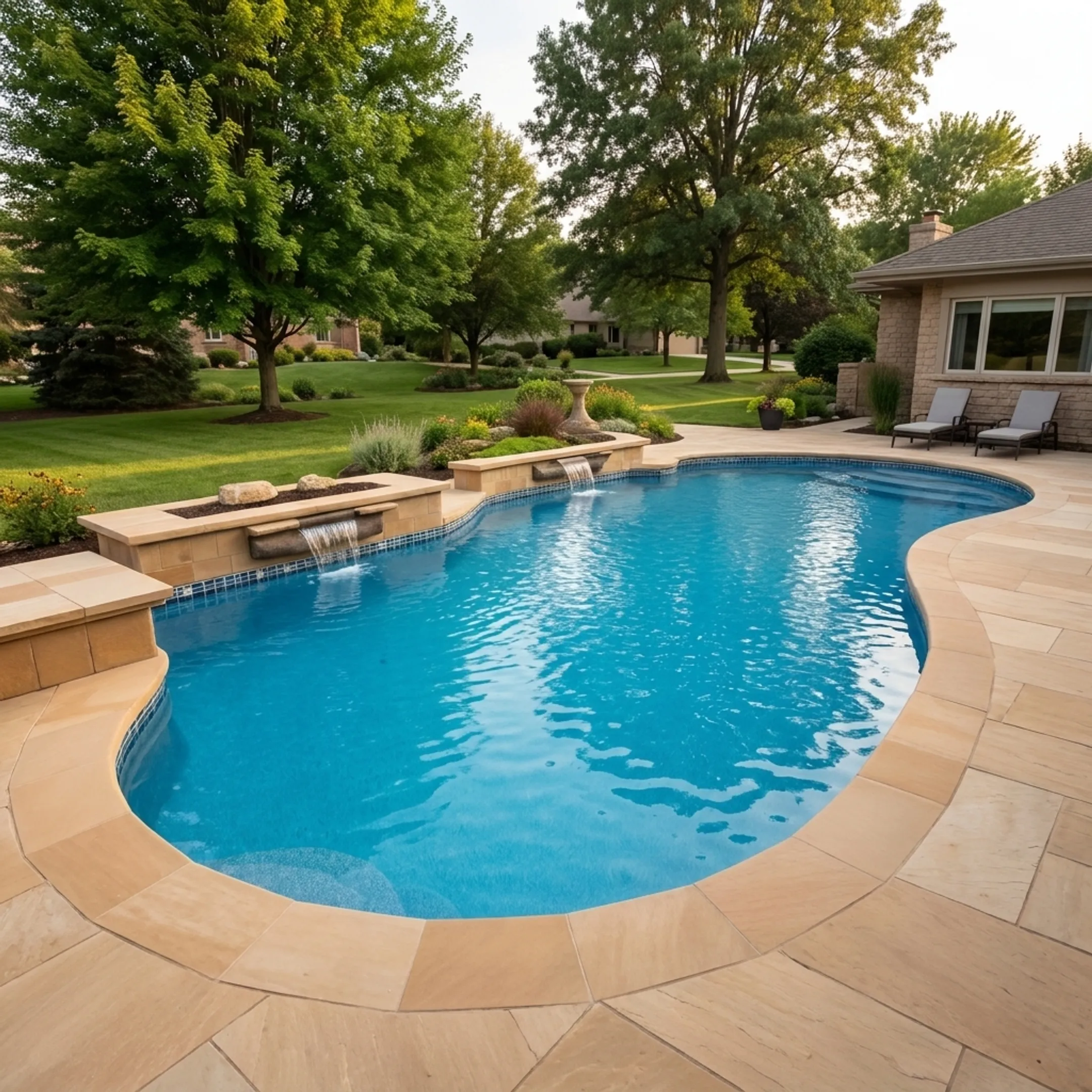 Custom gunite swimming pool under construction in a residential backyard