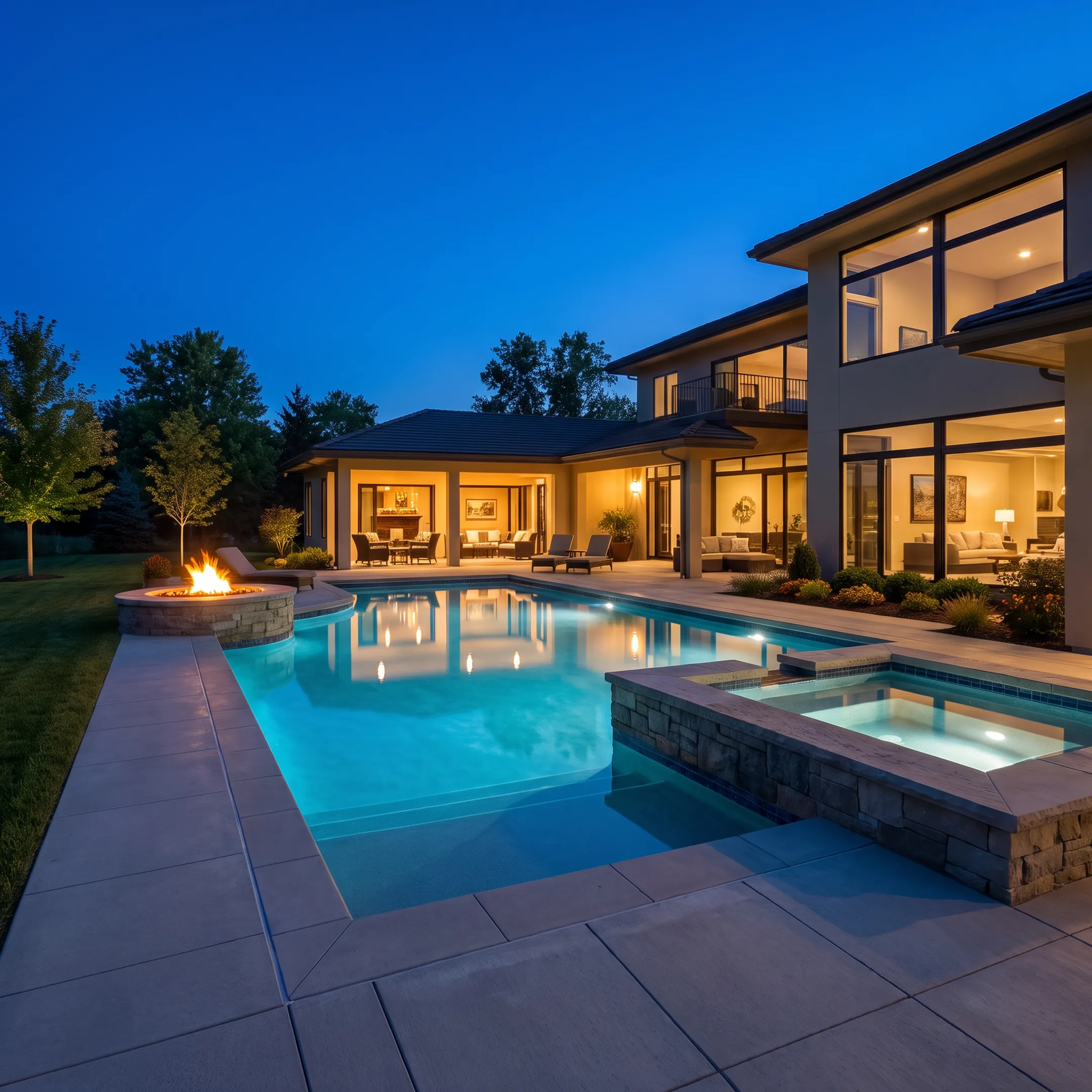 Modern inground swimming pool with integrated stone spa and surrounding paved deck