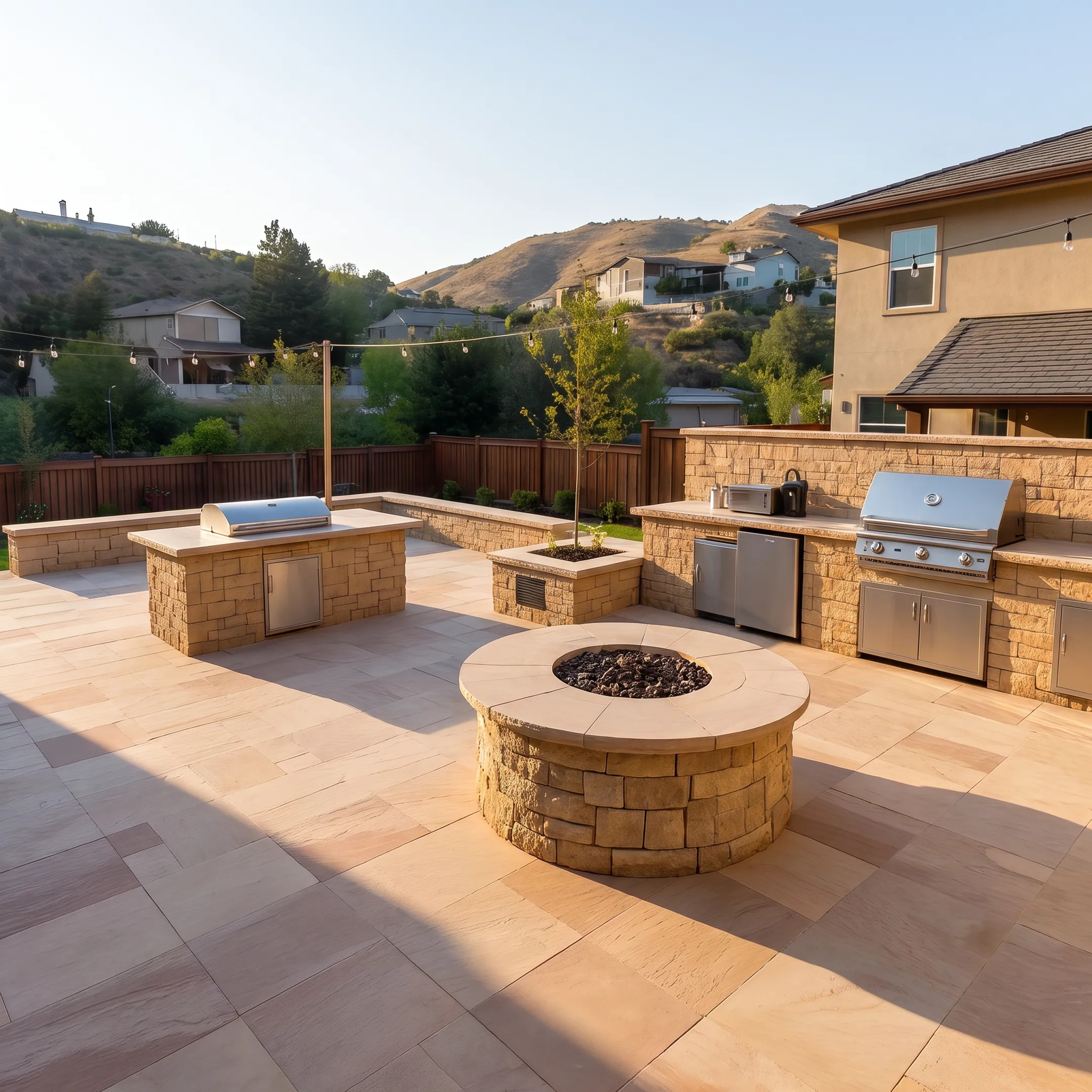 Modern residential backyard featuring custom paver patio and integrated stone retaining wall