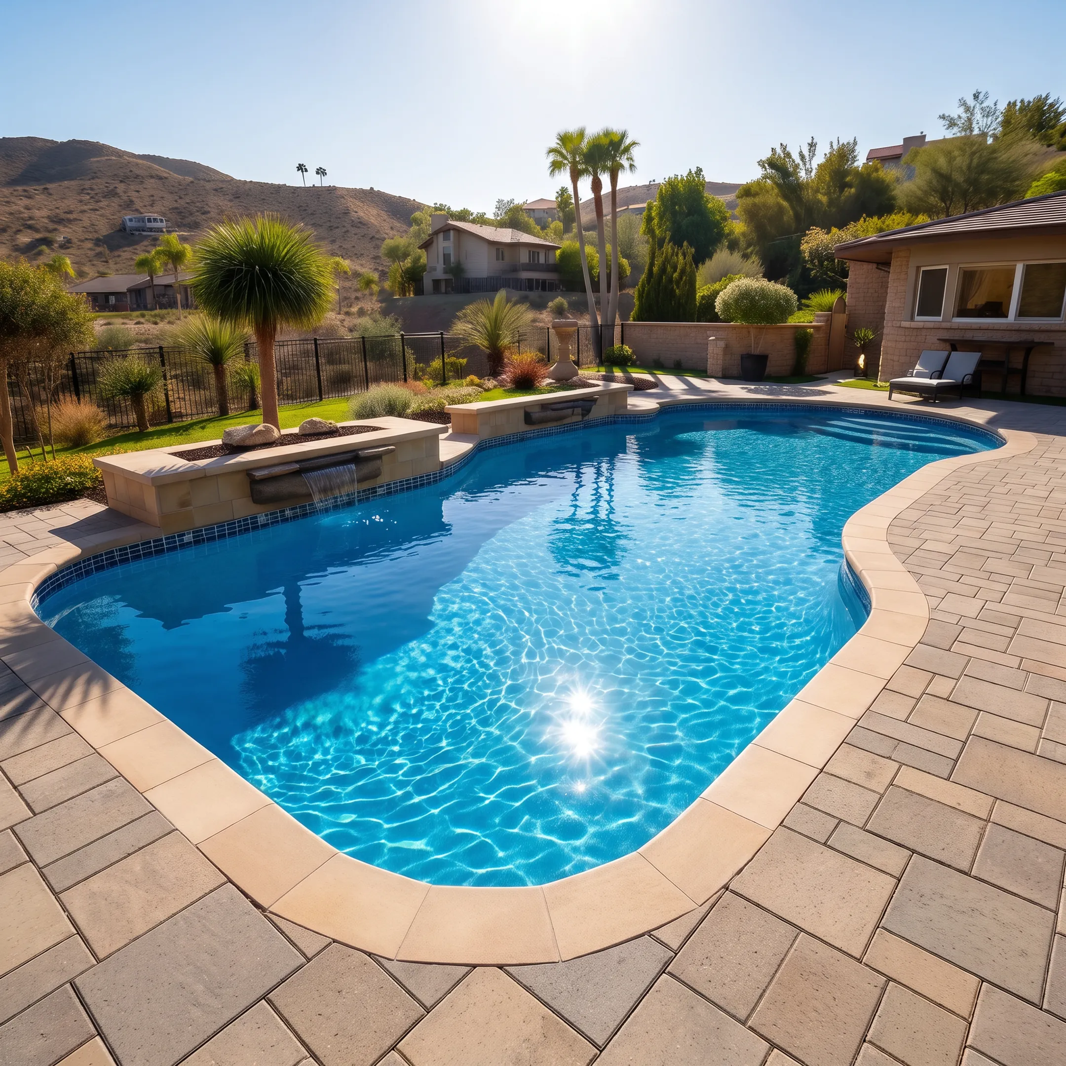 Remodeled swimming pool and paver deck in a residential backyard