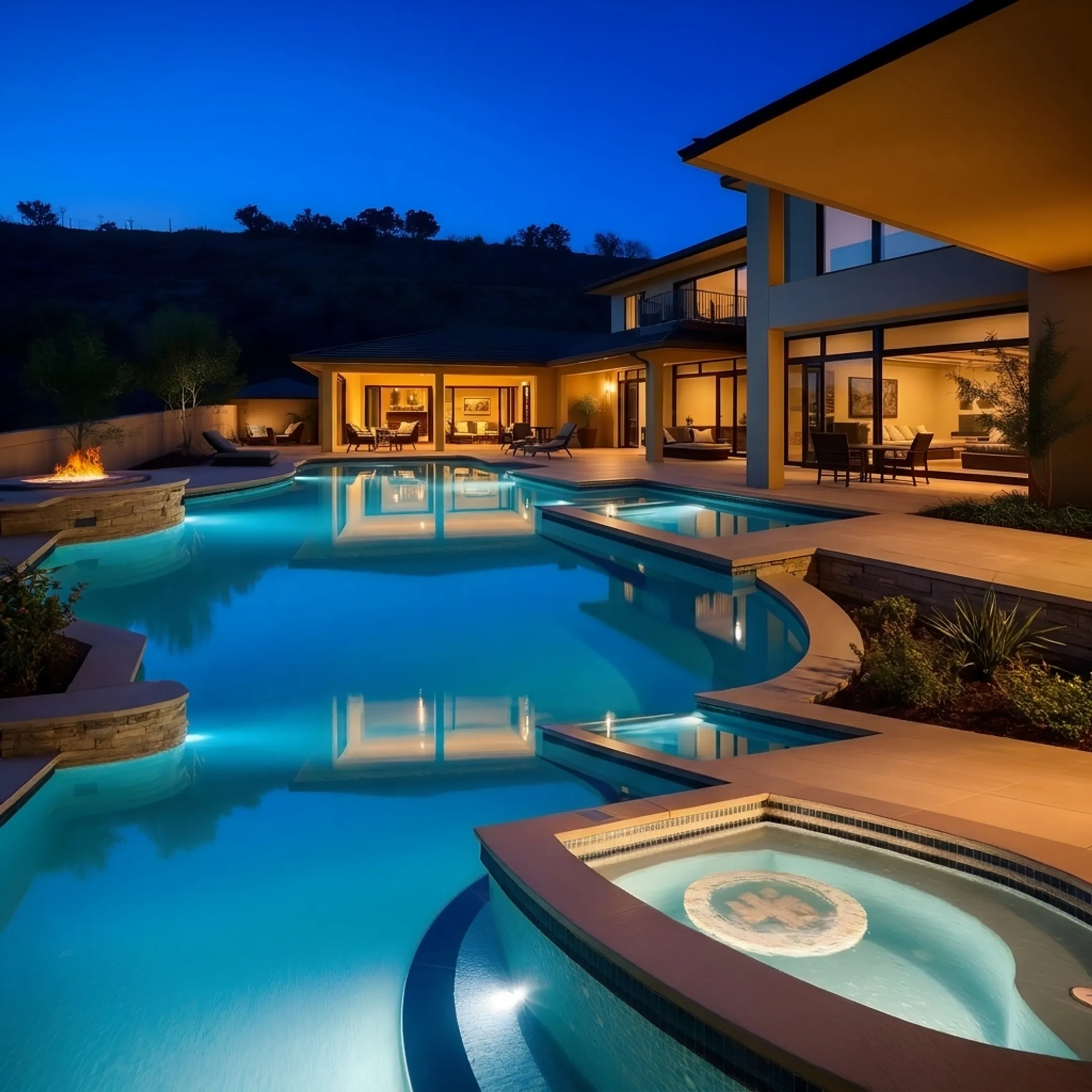 Luxury custom inground pool with modern water features and coordinated outdoor kitchen