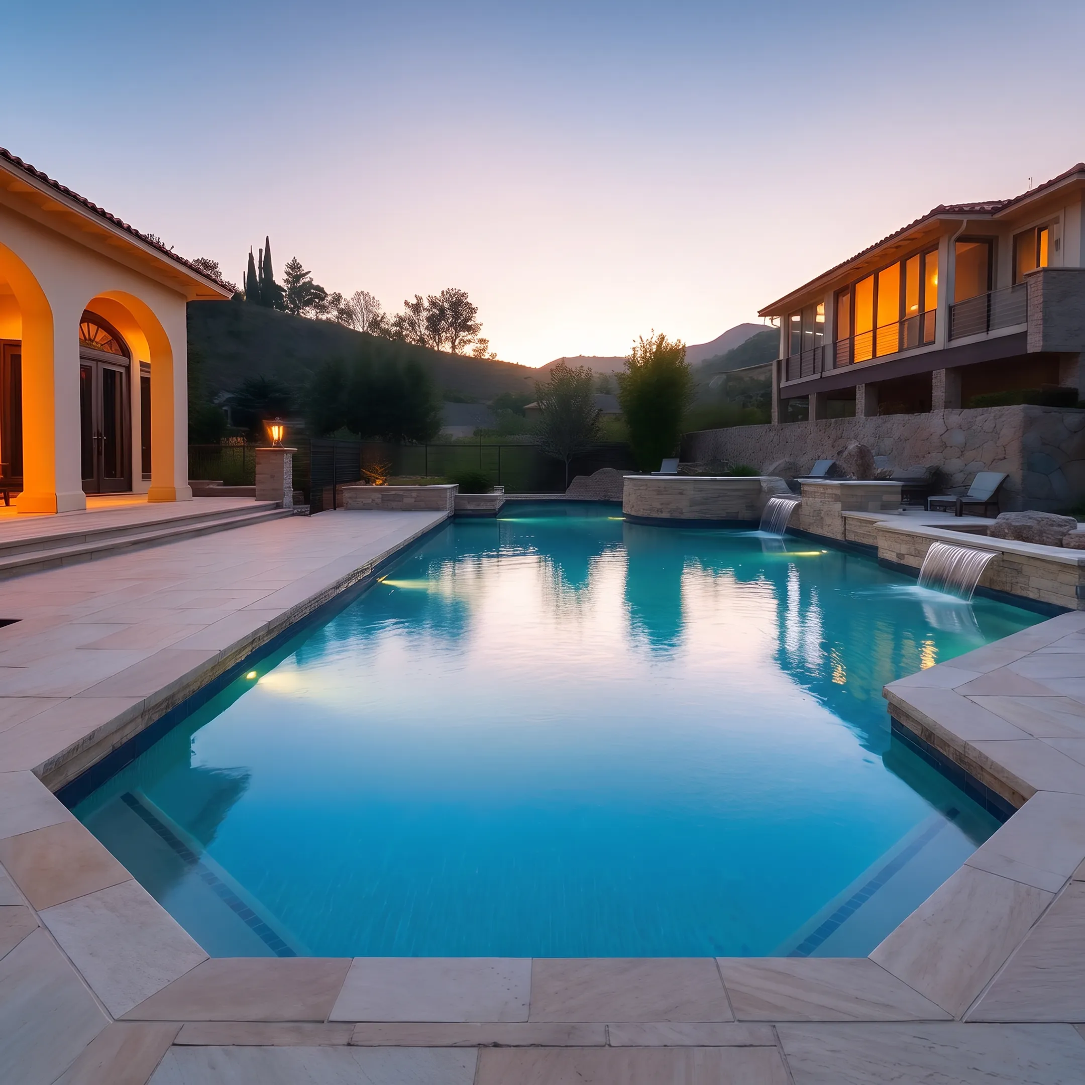 Custom luxury gunite swimming pool with integrated spa and architectural stone decking