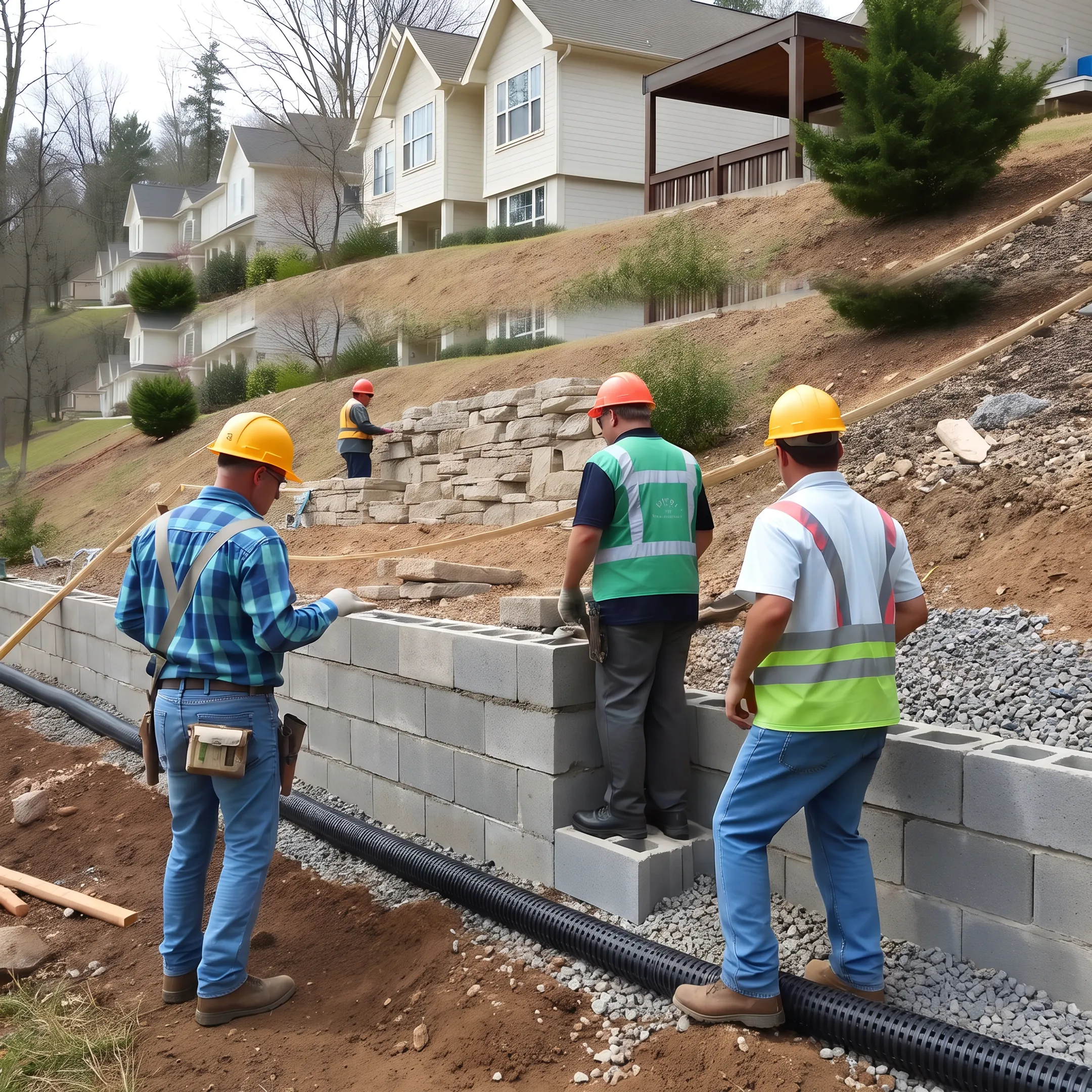 Construction crew installing structural drainage behind an engineered retaining wall