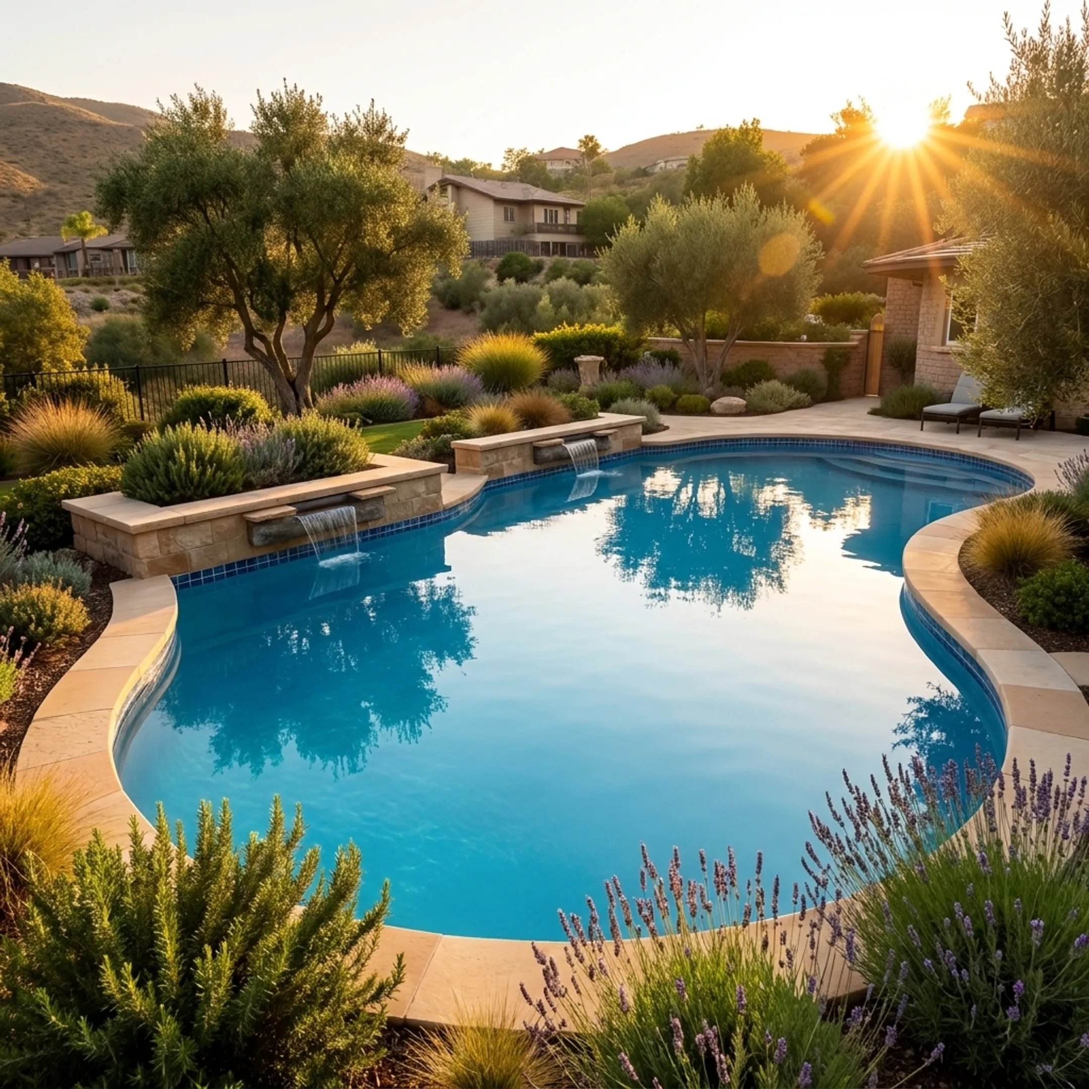 Refreshed swimming pool plaster and new waterline tile in a residential backyard