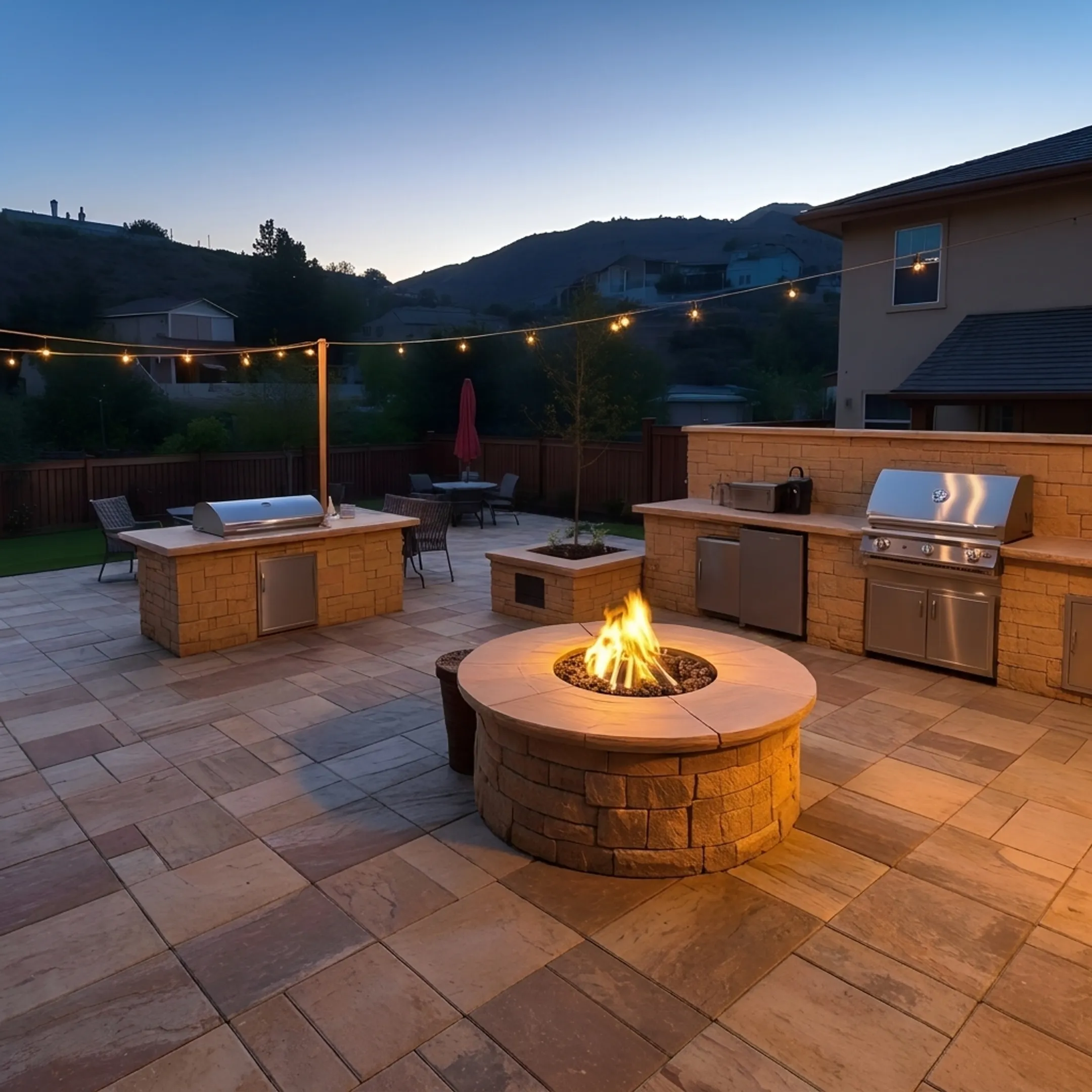 Completed backyard stone patio installation with retaining wall and outdoor fire pit