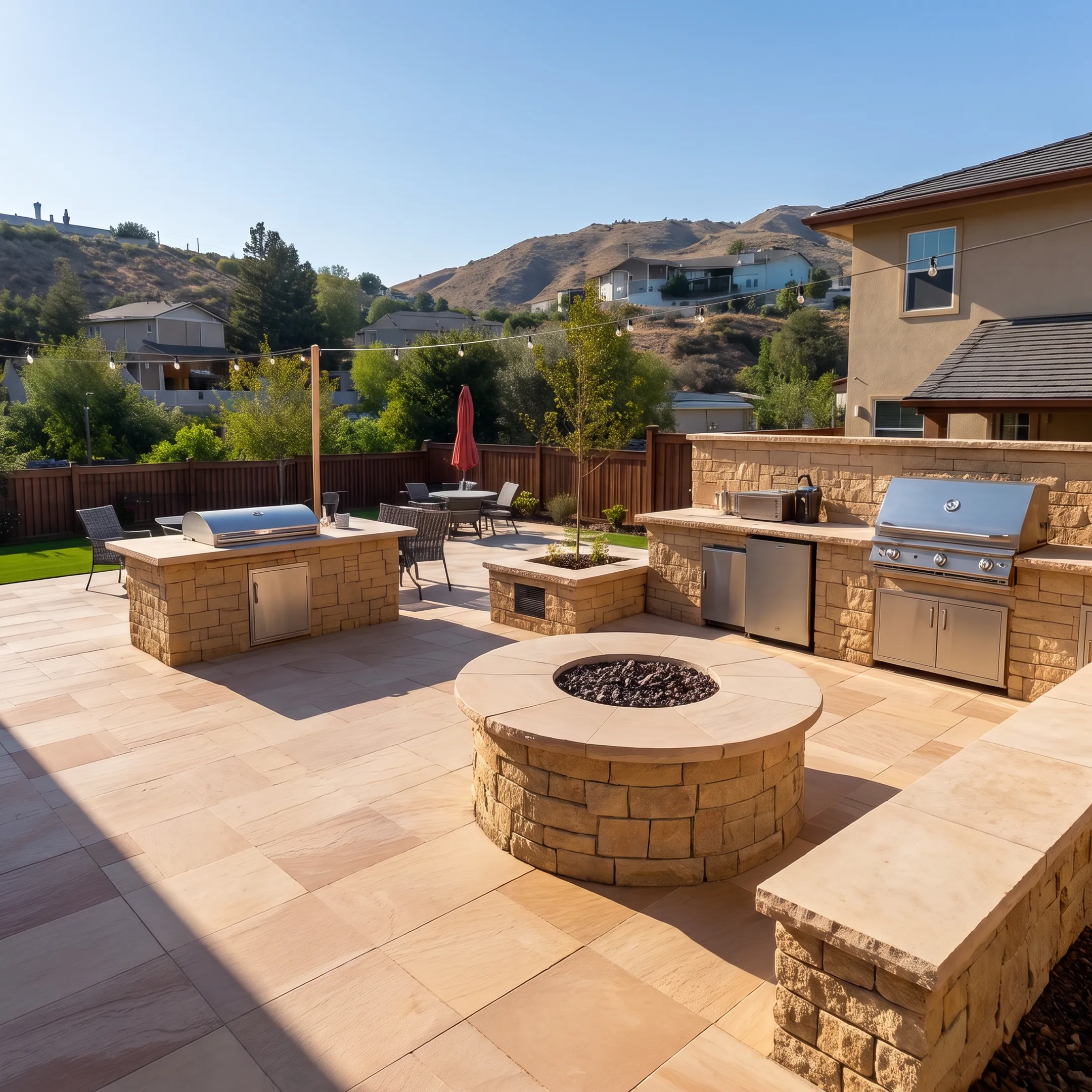 Custom paver patio and stone outdoor living area with built-in hardscape features