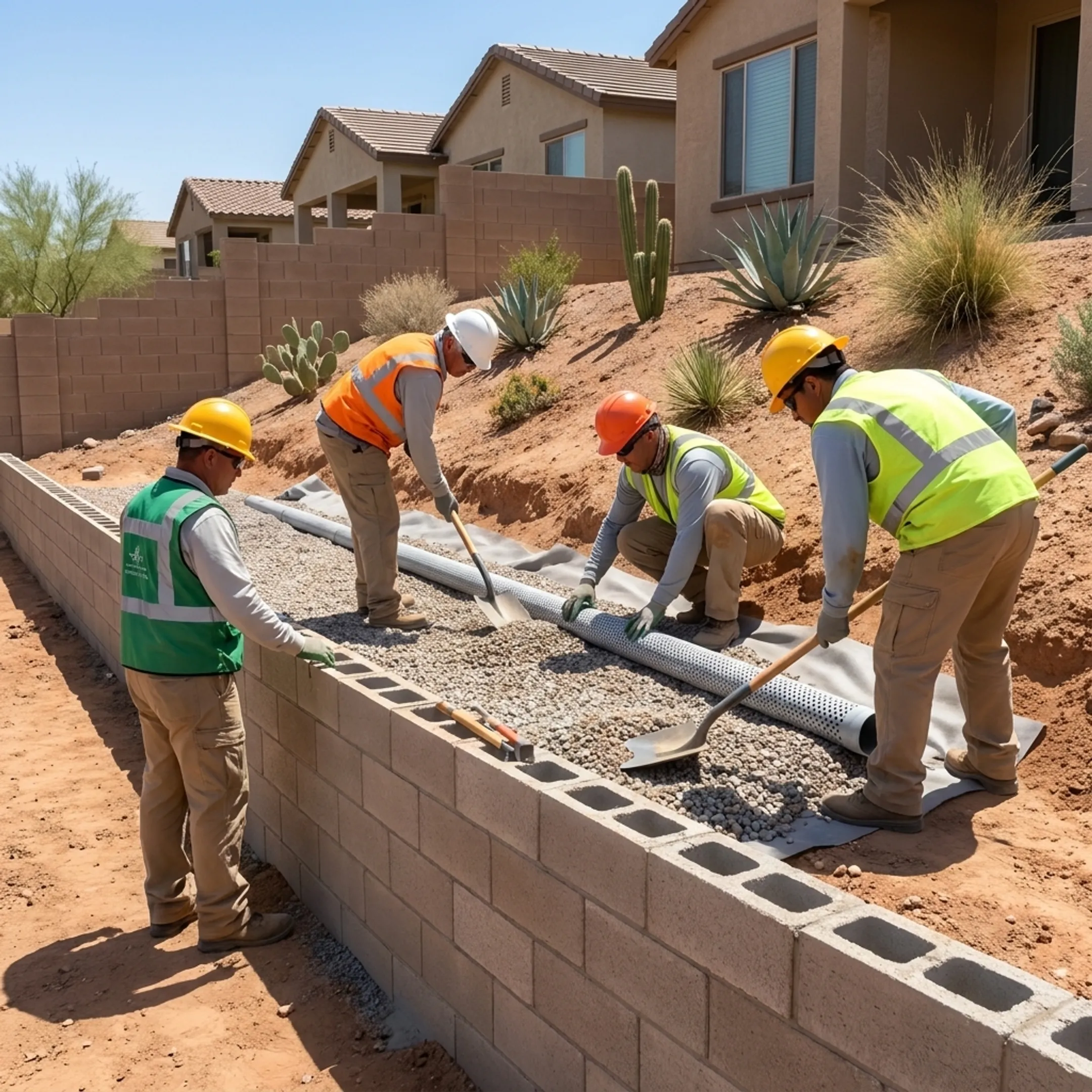 Contractor preparing compacted foundation base for retaining wall construction