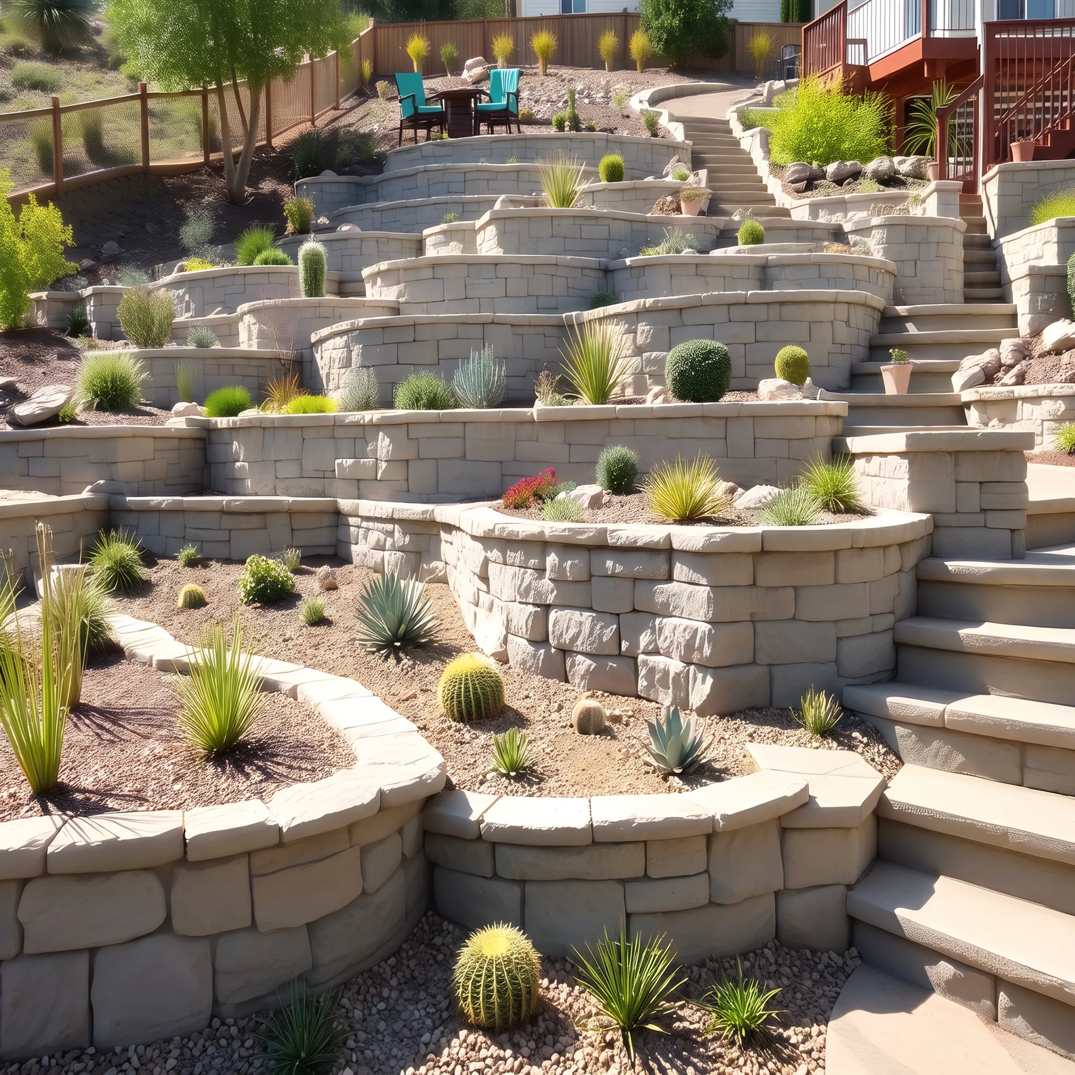 Engineered stone retaining wall with integrated drainage on a residential property