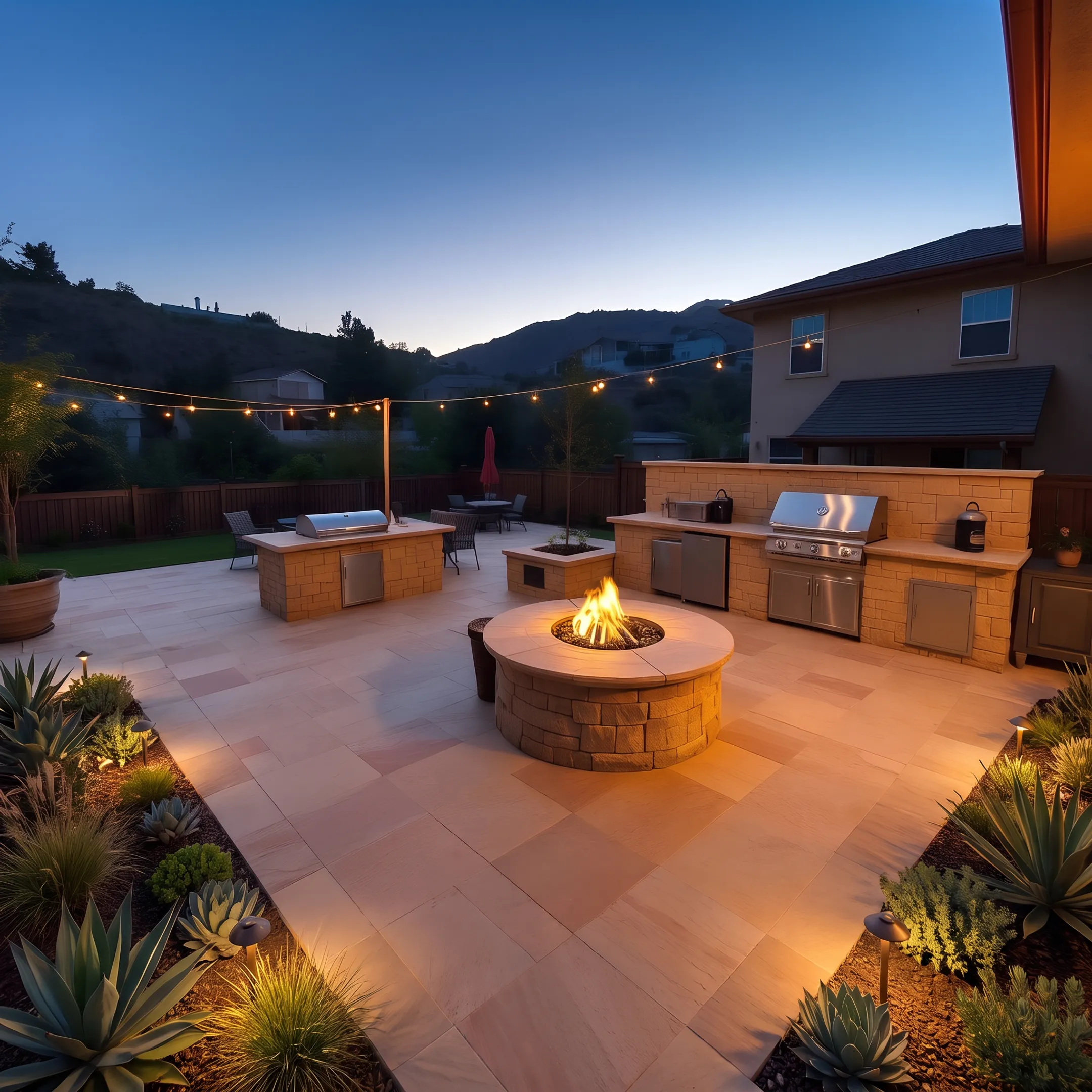 Completed residential landscape design featuring drought-tolerant plants and natural stone hardscape