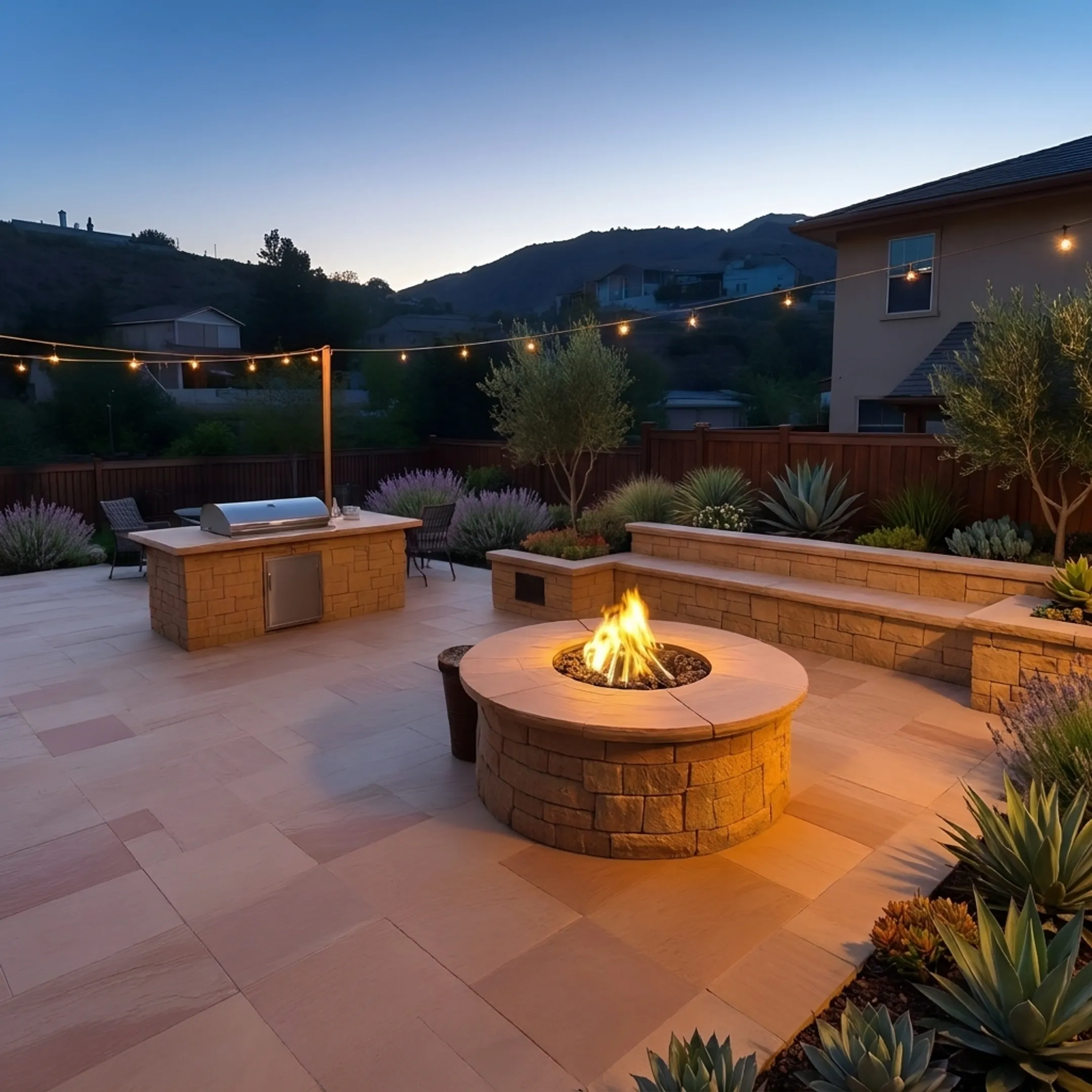 Custom stone patio and structural retaining wall in a residential backyard