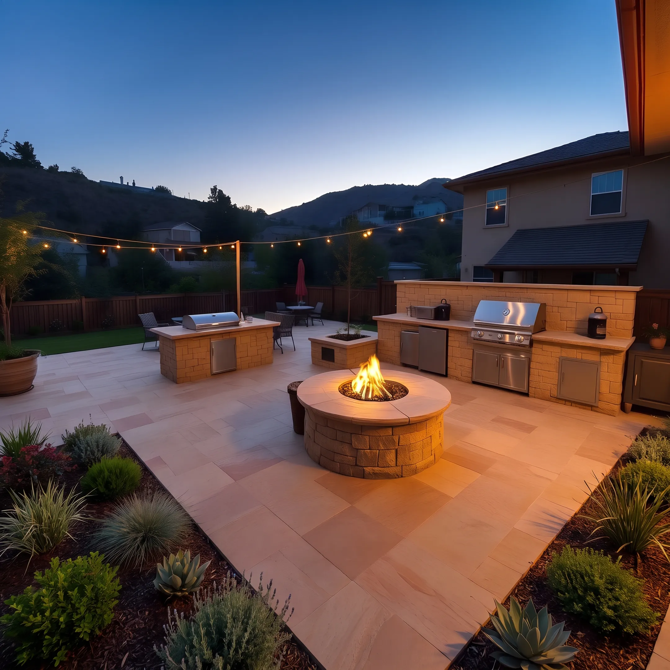Completed residential landscape design featuring custom hardscape and drought-tolerant planting