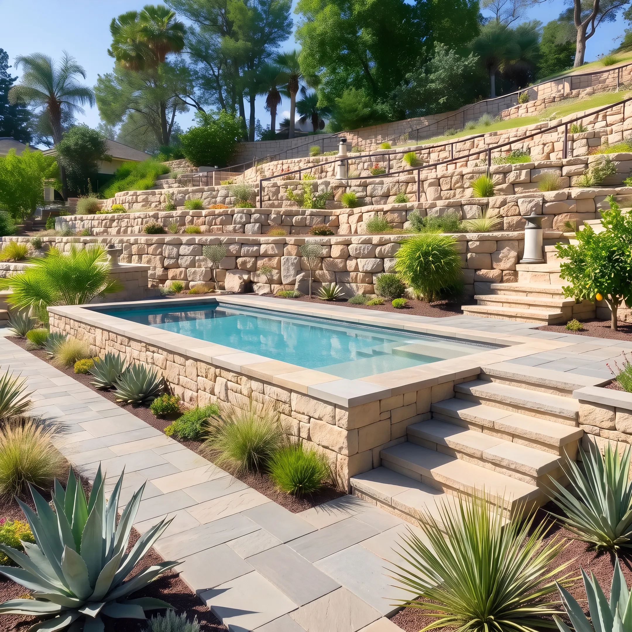 Completed residential landscape design featuring drought-tolerant plants, stone hardscape, and custom pool
