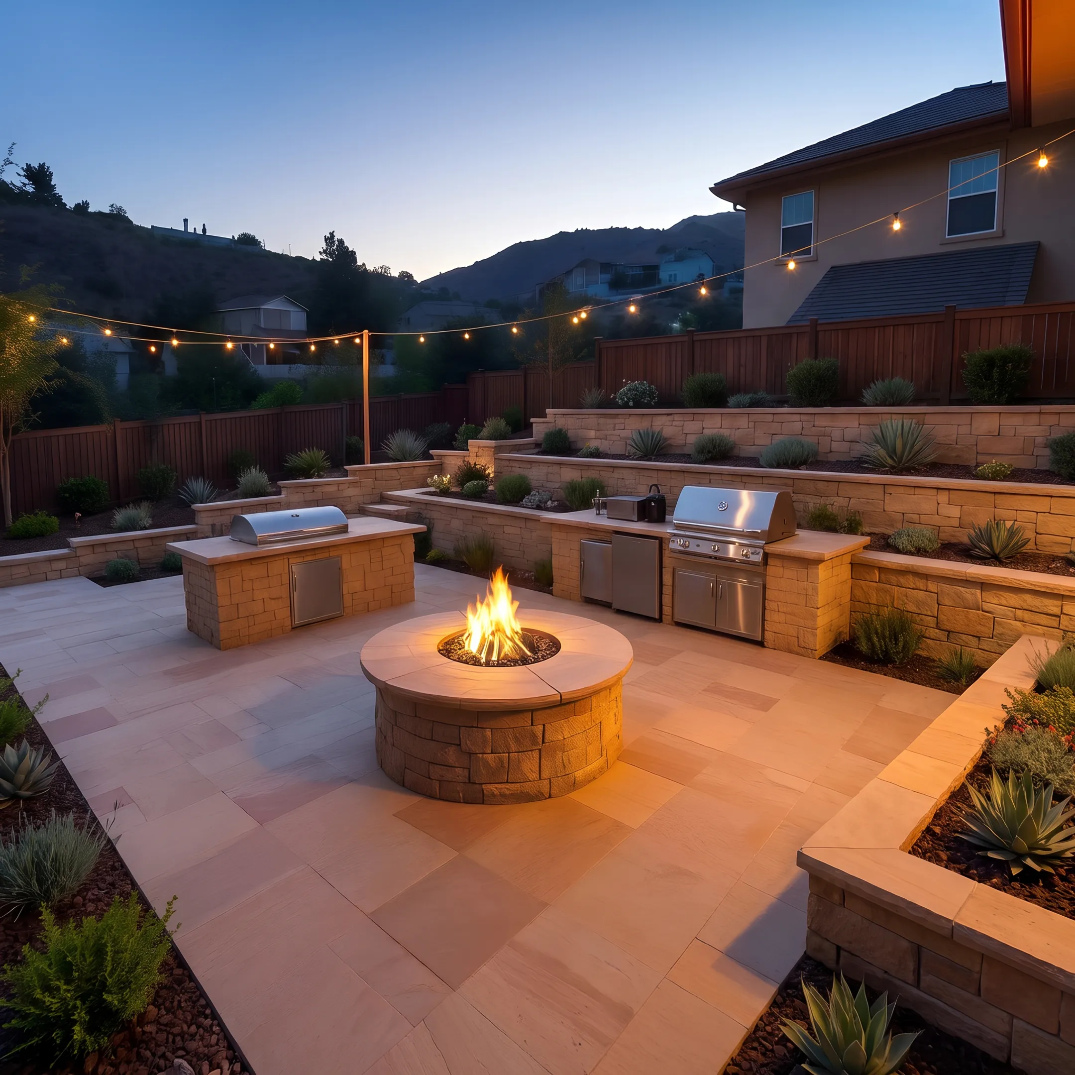 Architectural backyard landscaping with stone retaining wall, outdoor kitchen, and native plants