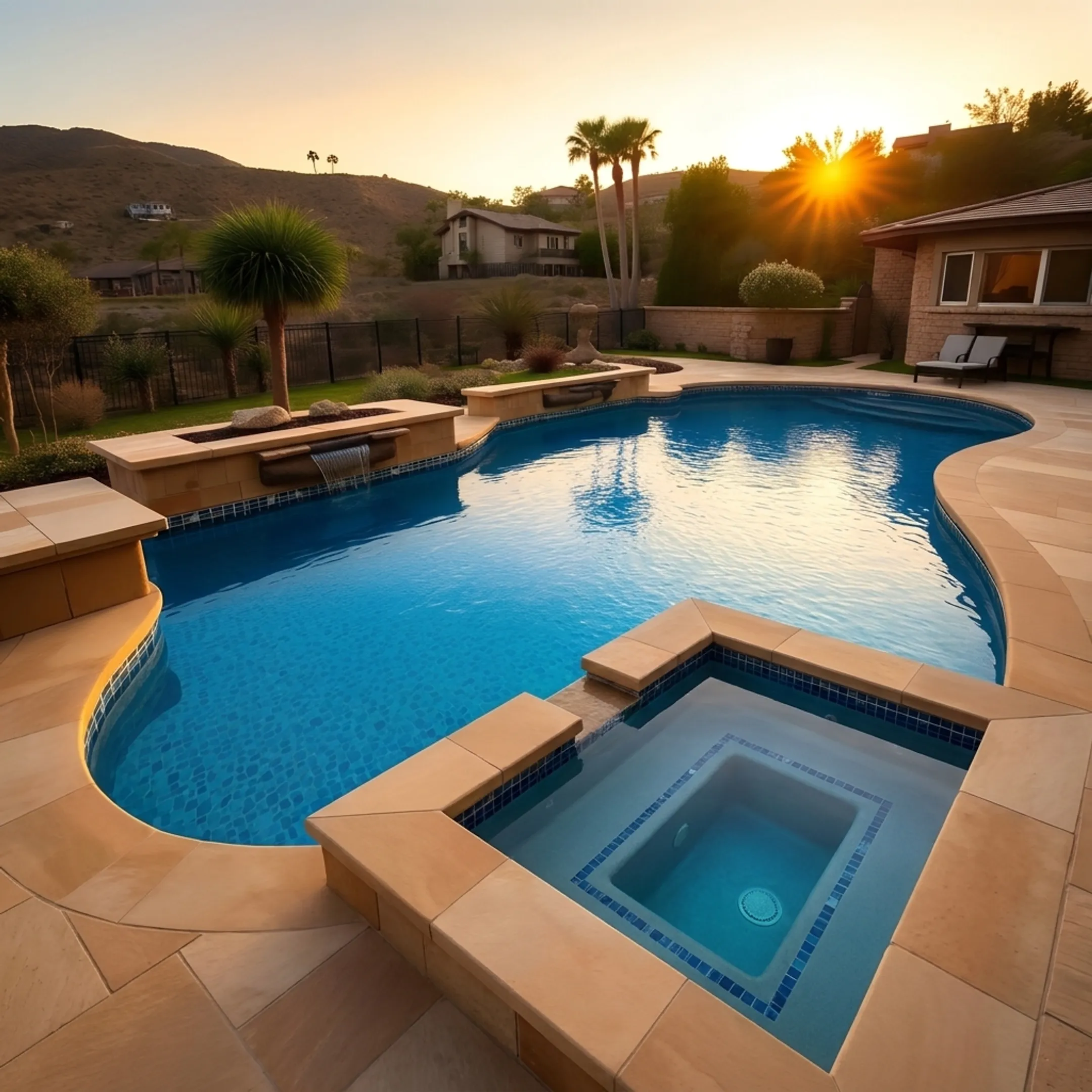 Custom modern gunite swimming pool with integrated spa and paver deck