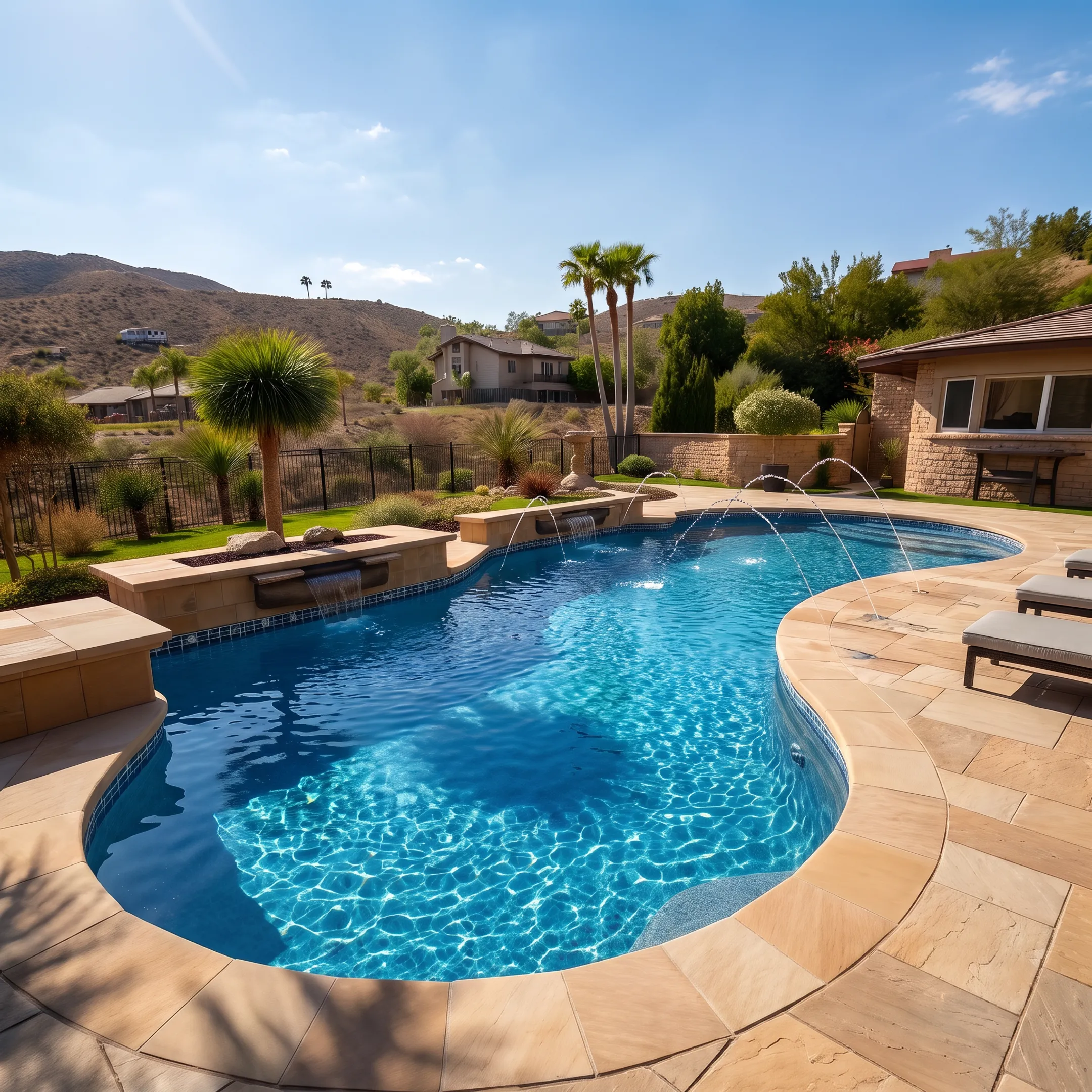 Finished luxury inground pool with stone coping and integrated fire feature
