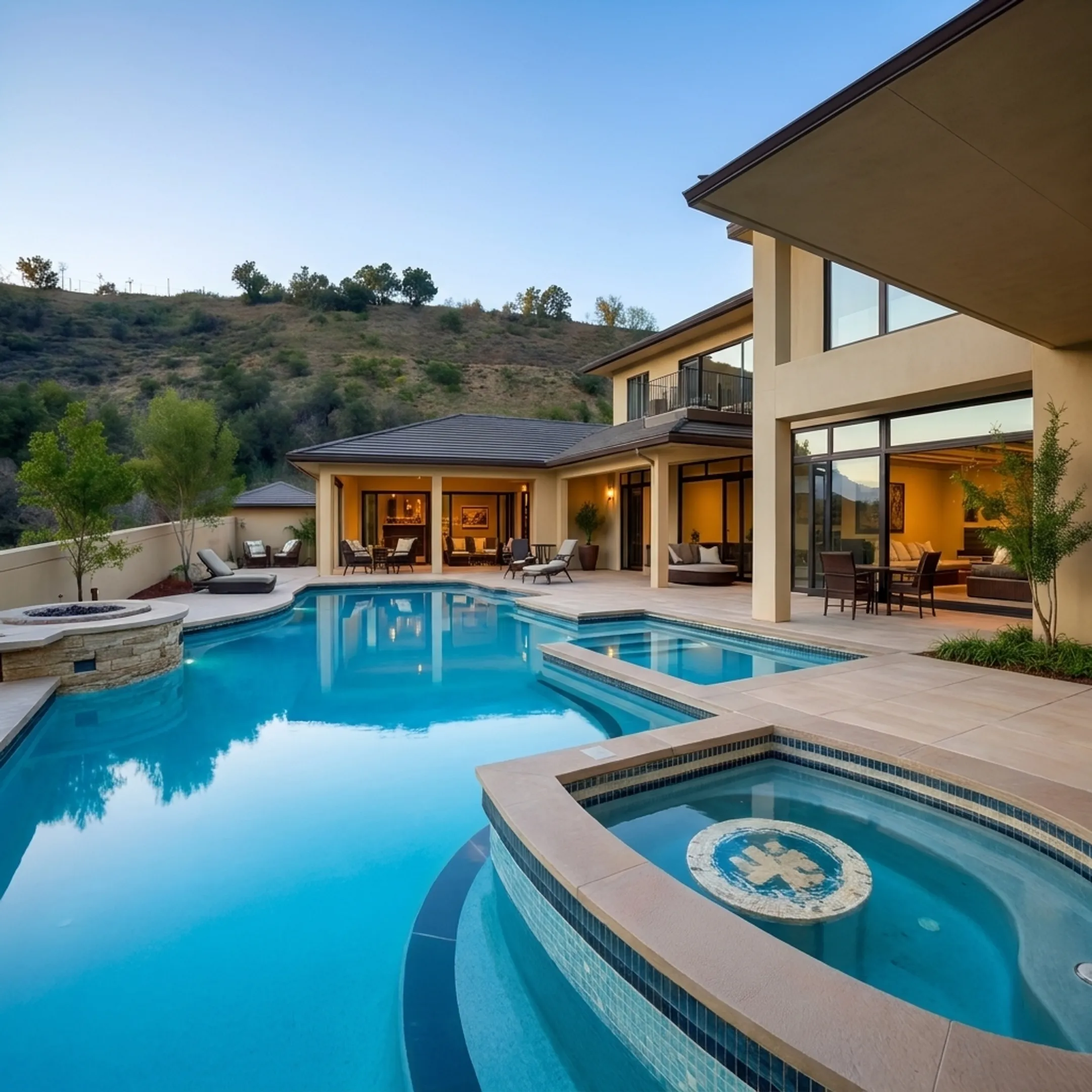 Custom in-ground gunite swimming pool and integrated spa in a residential backyard