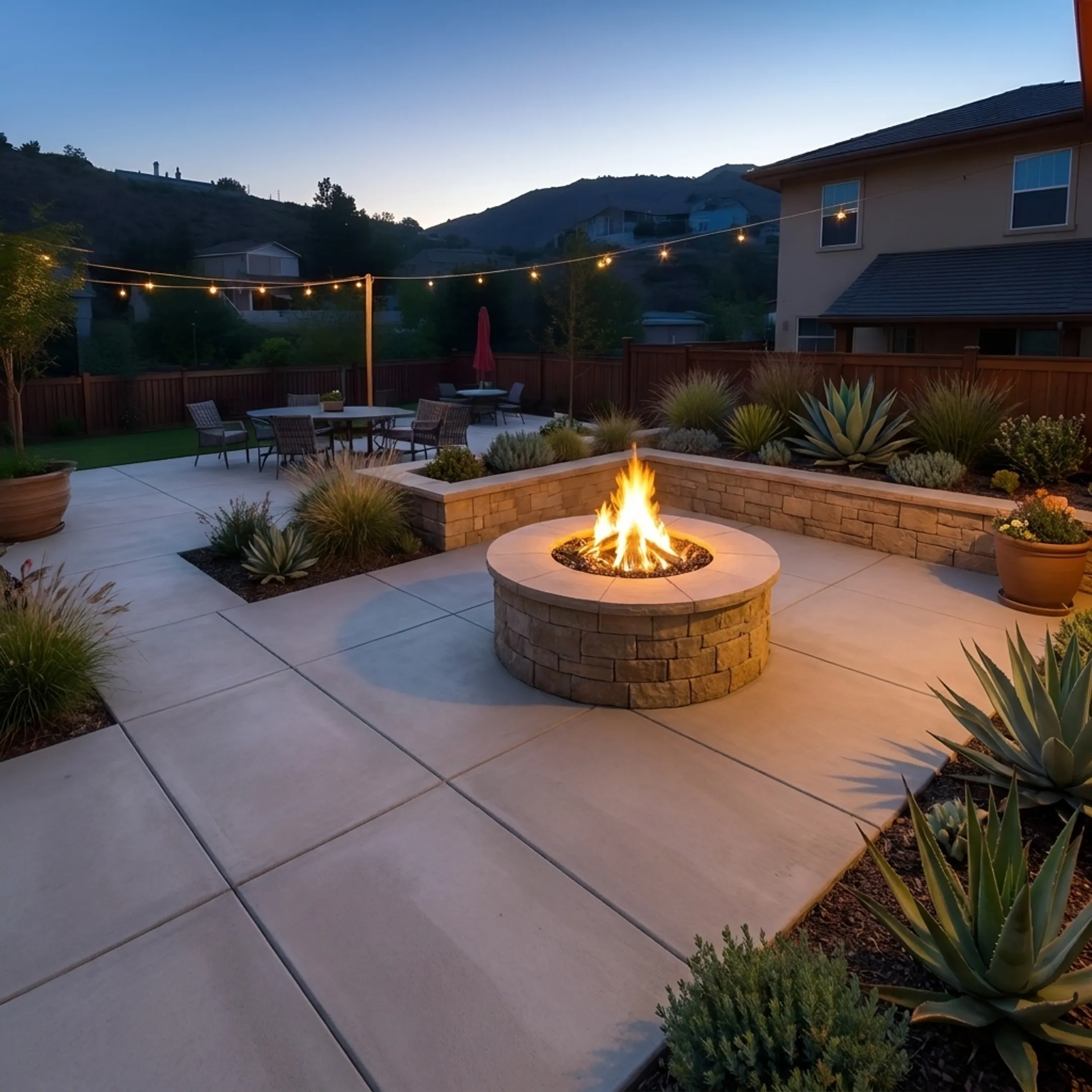 Decorative stamped concrete patio and engineered retaining wall installation