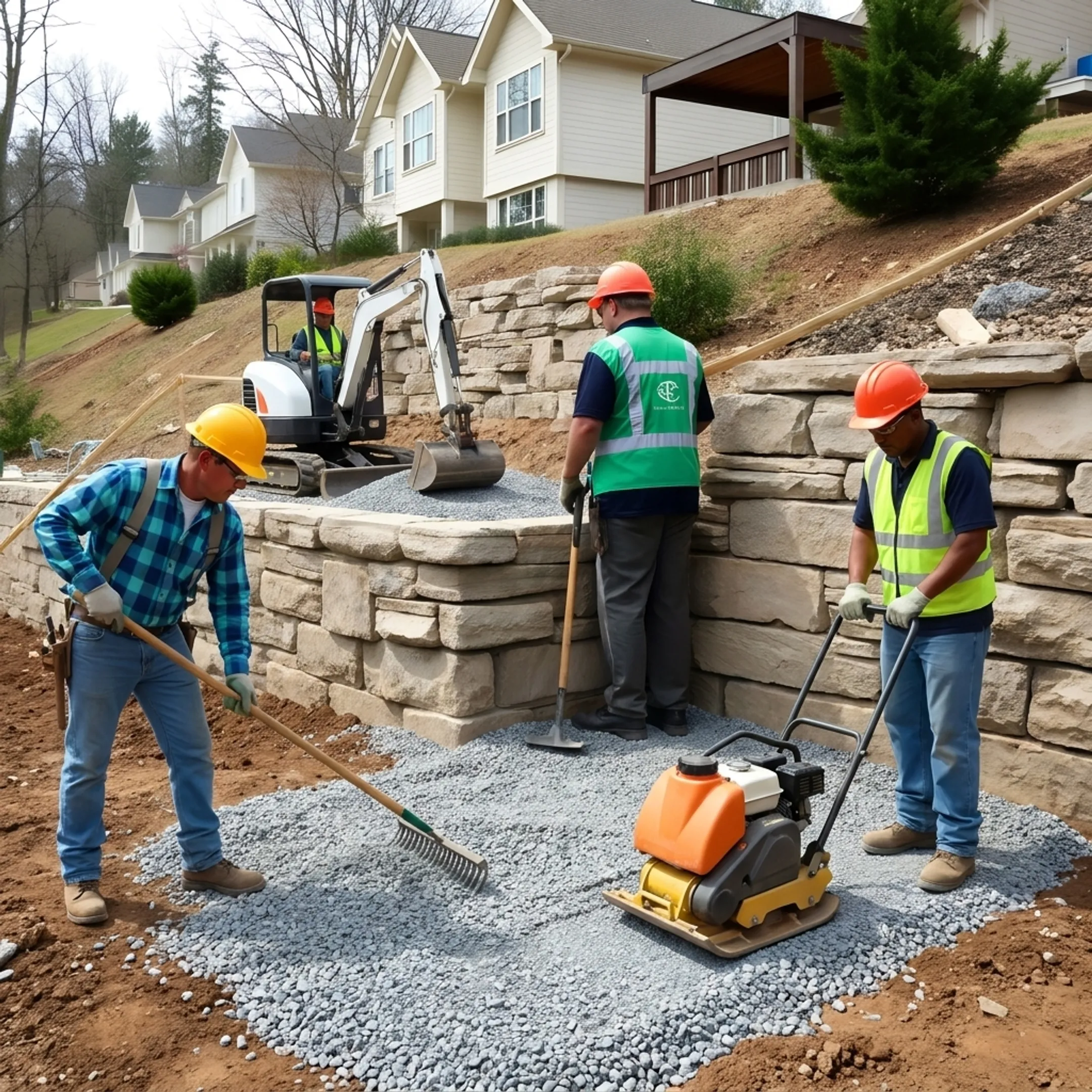 Crews laying stone pavers on a compacted aggregate foundation