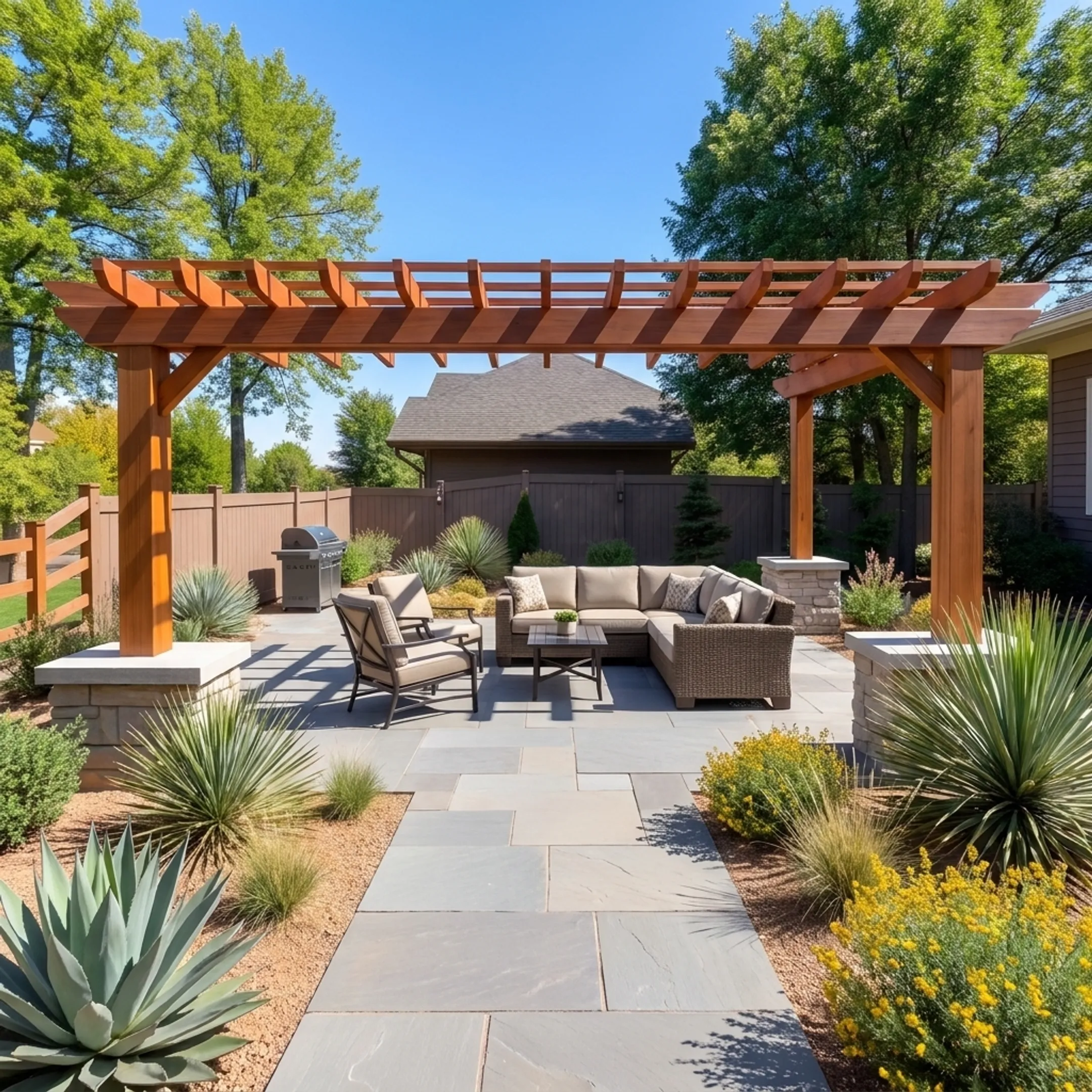 Custom stone patio installation with outdoor seating in Santa Fe NM