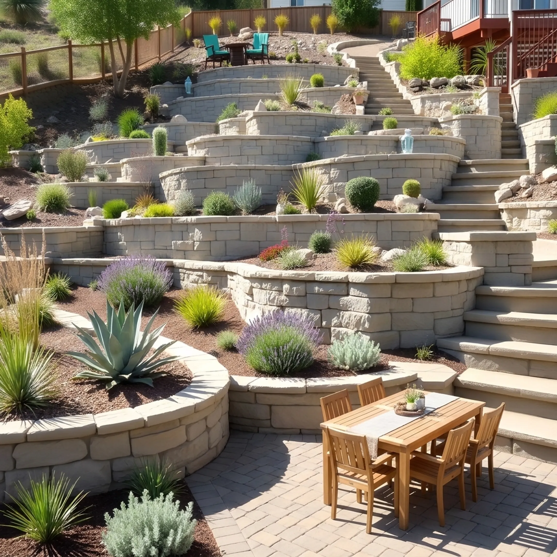 Professionally landscaped hillside backyard with stone retaining wall and lush plantings