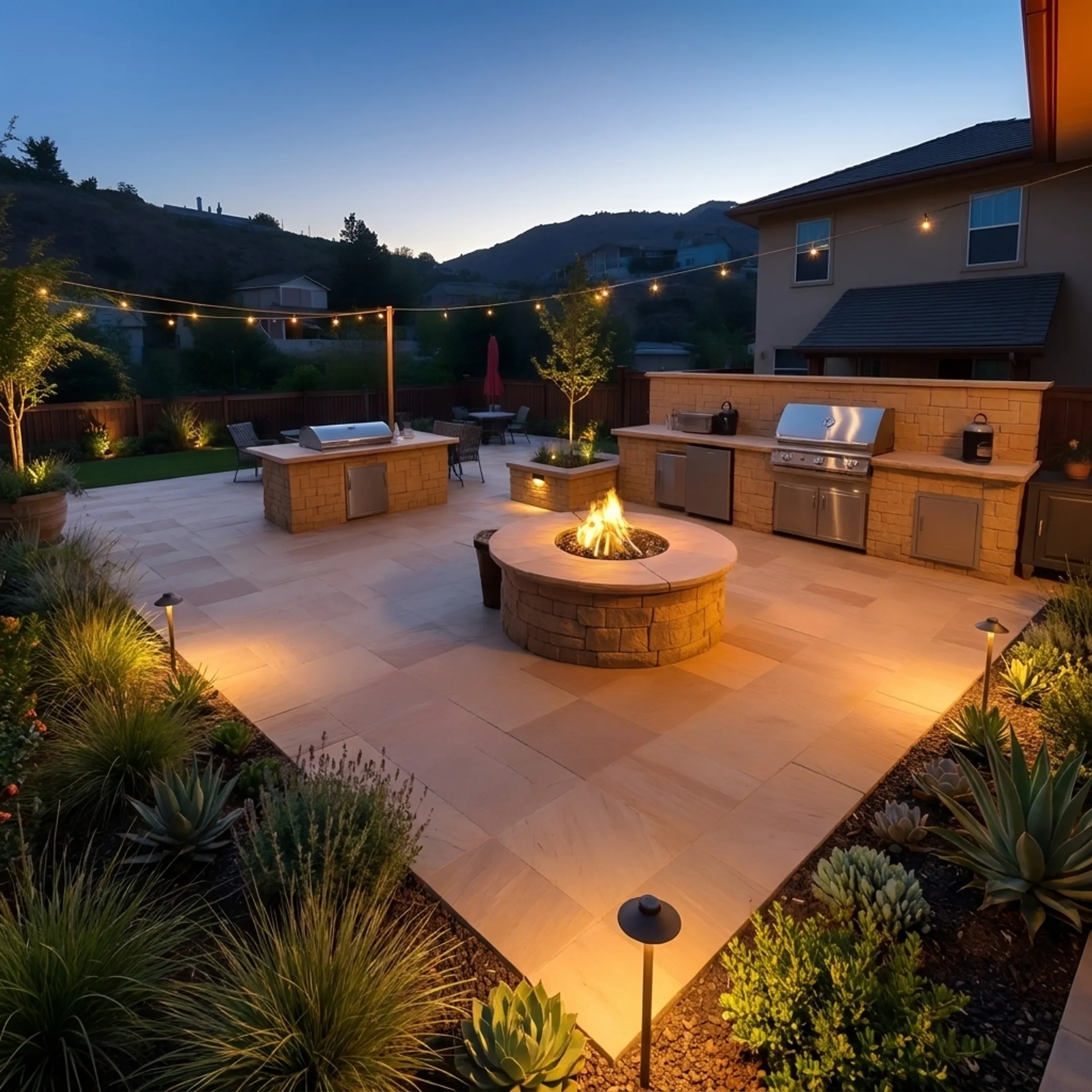 Architectural residential yard featuring custom stone hardscape and drought-tolerant landscaping