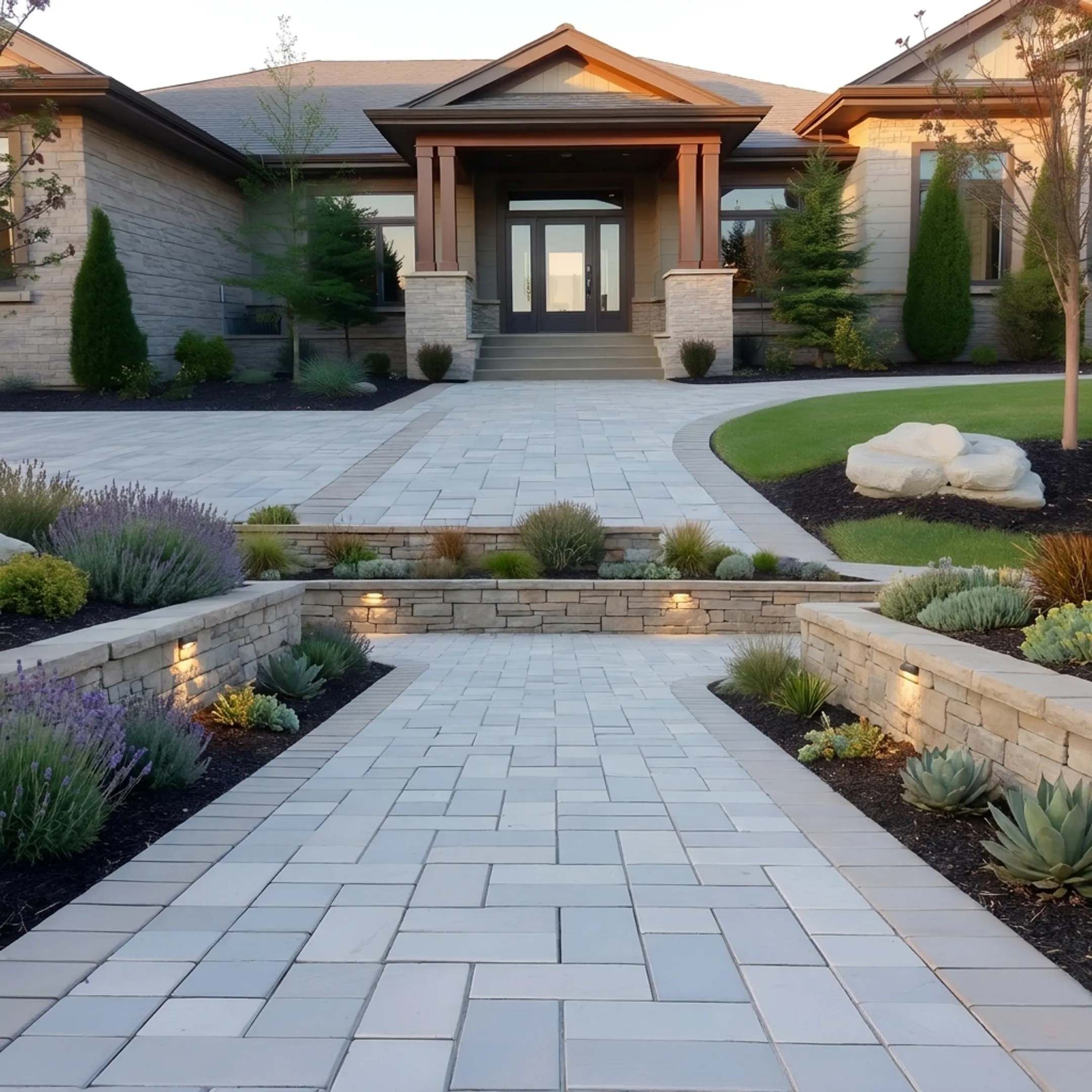 Newly installed residential stone driveway and front yard garden retaining wall