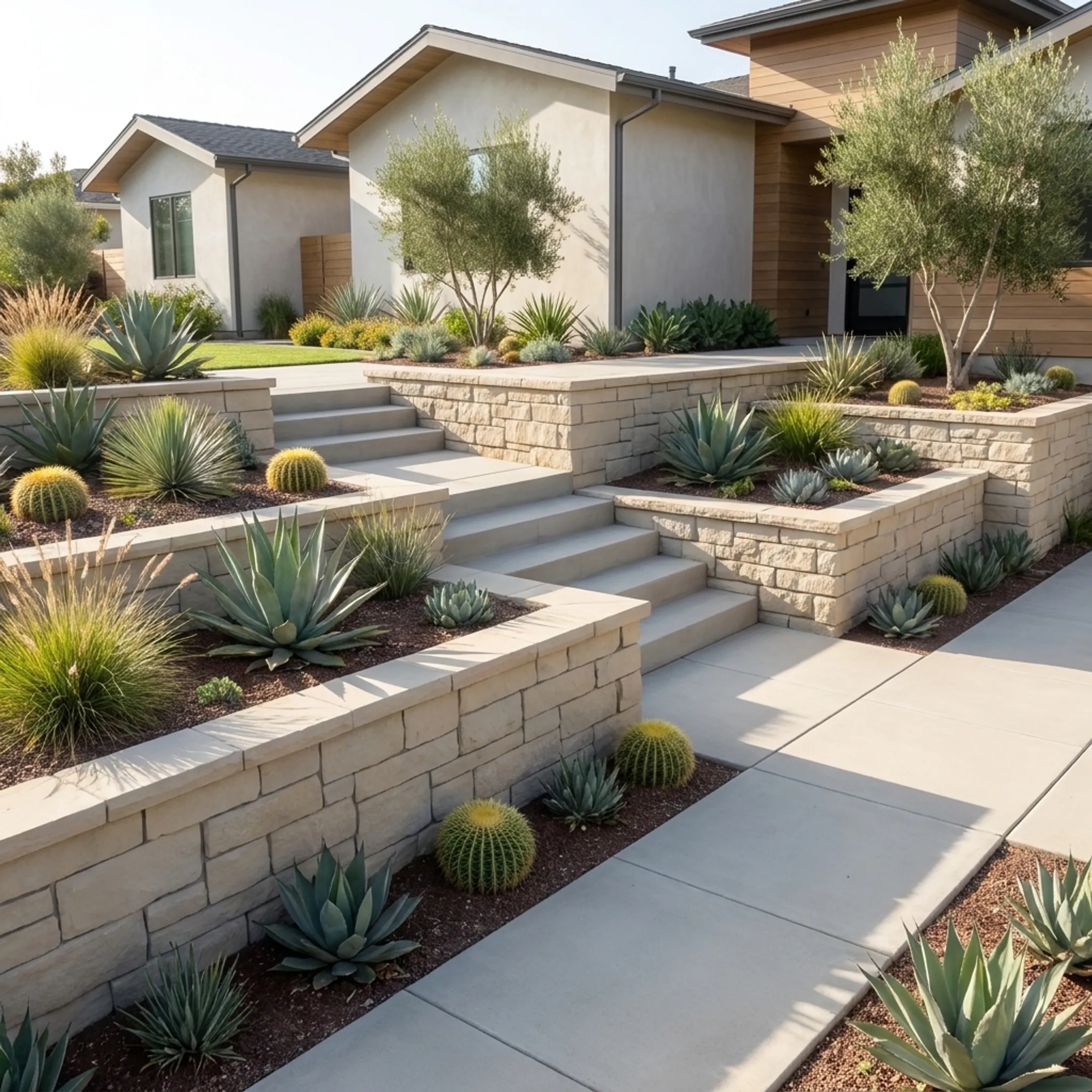 Paved front yard walkway and drought-tolerant landscaping in front of residential home