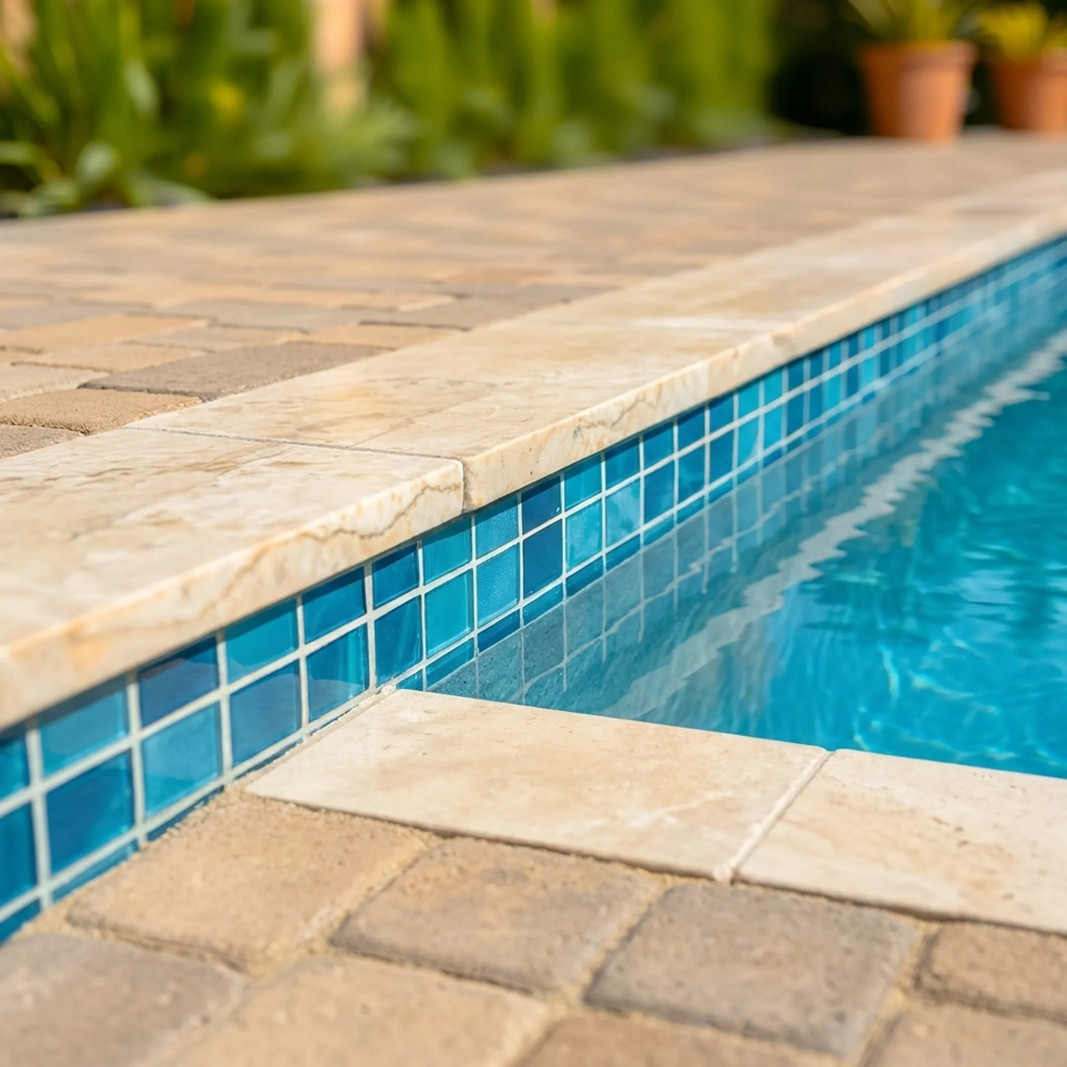 Newly replastered luxury pool and integrated stone paver patio