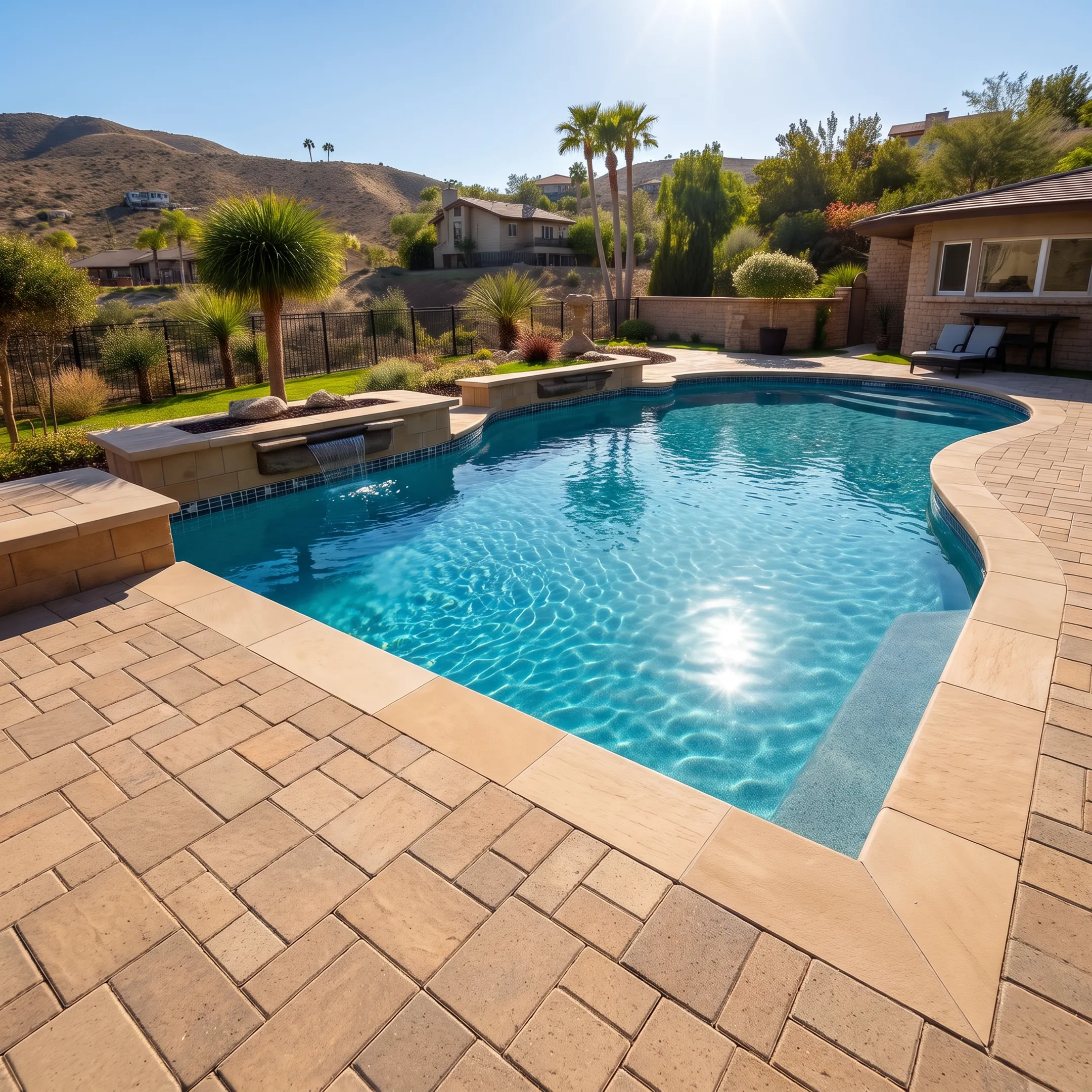 Renovated swimming pool with modern stone coping and clean water