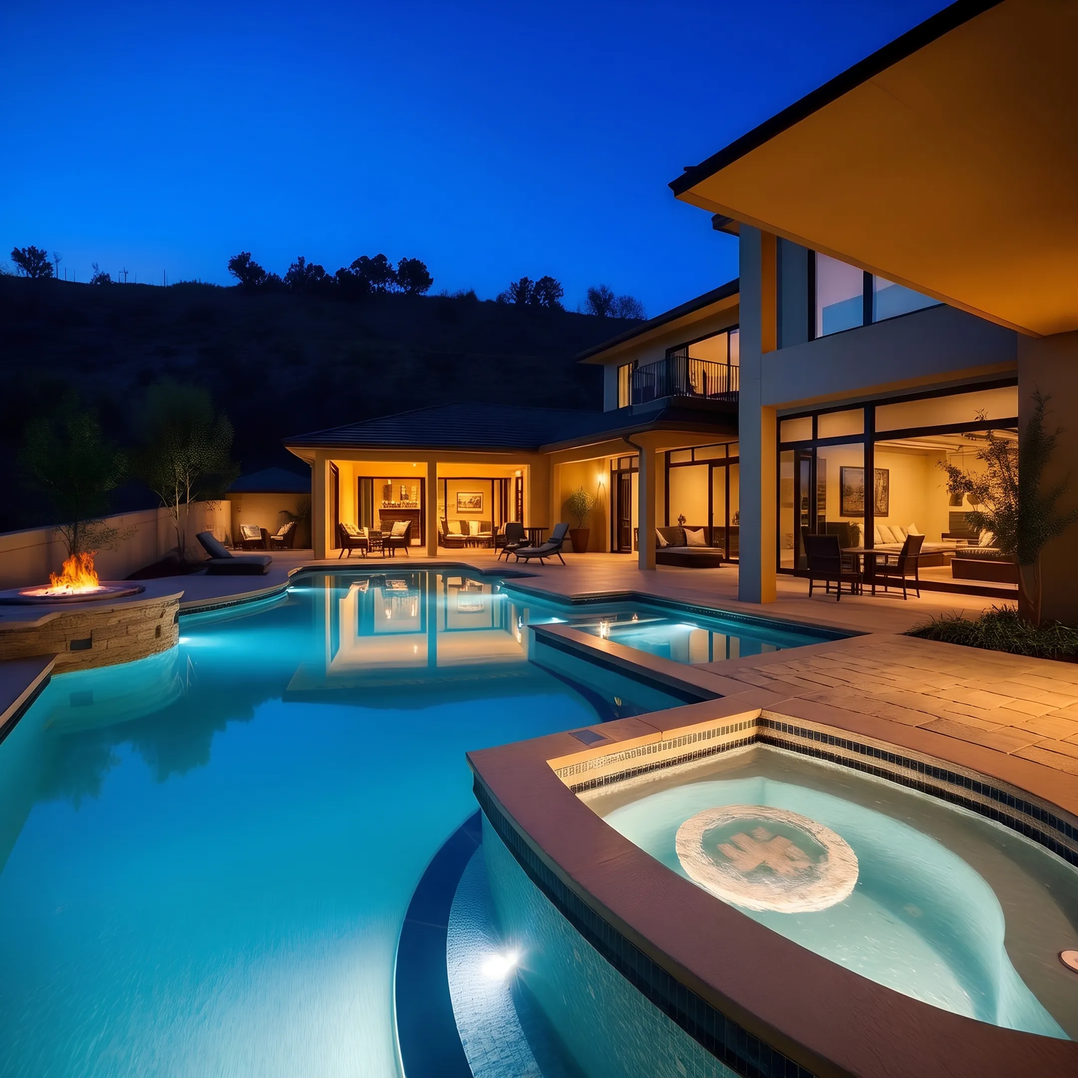 Custom concrete swimming pool and integrated spa in an outdoor residential backyard