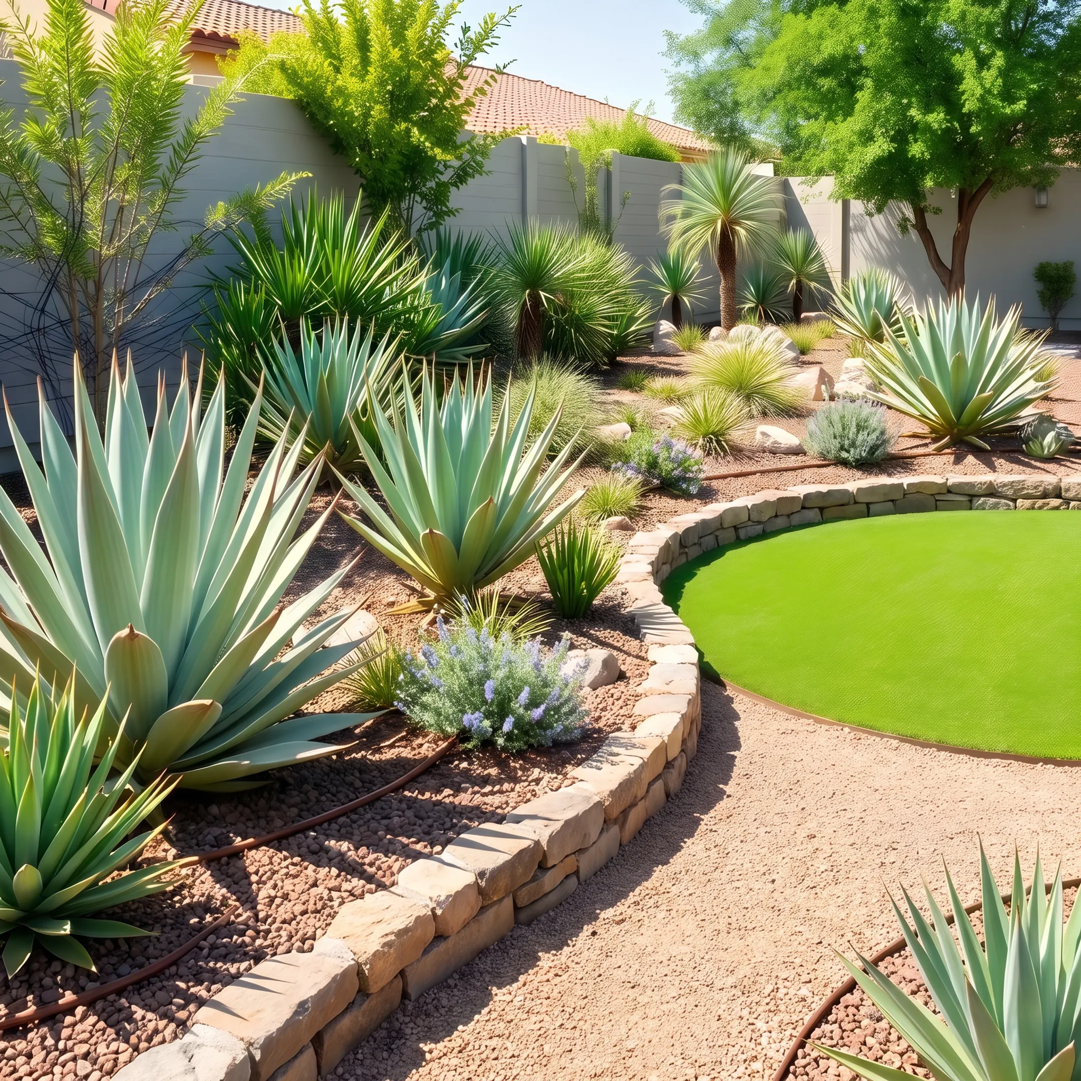 Drought-resistant residential garden and stone patio in Los Angeles