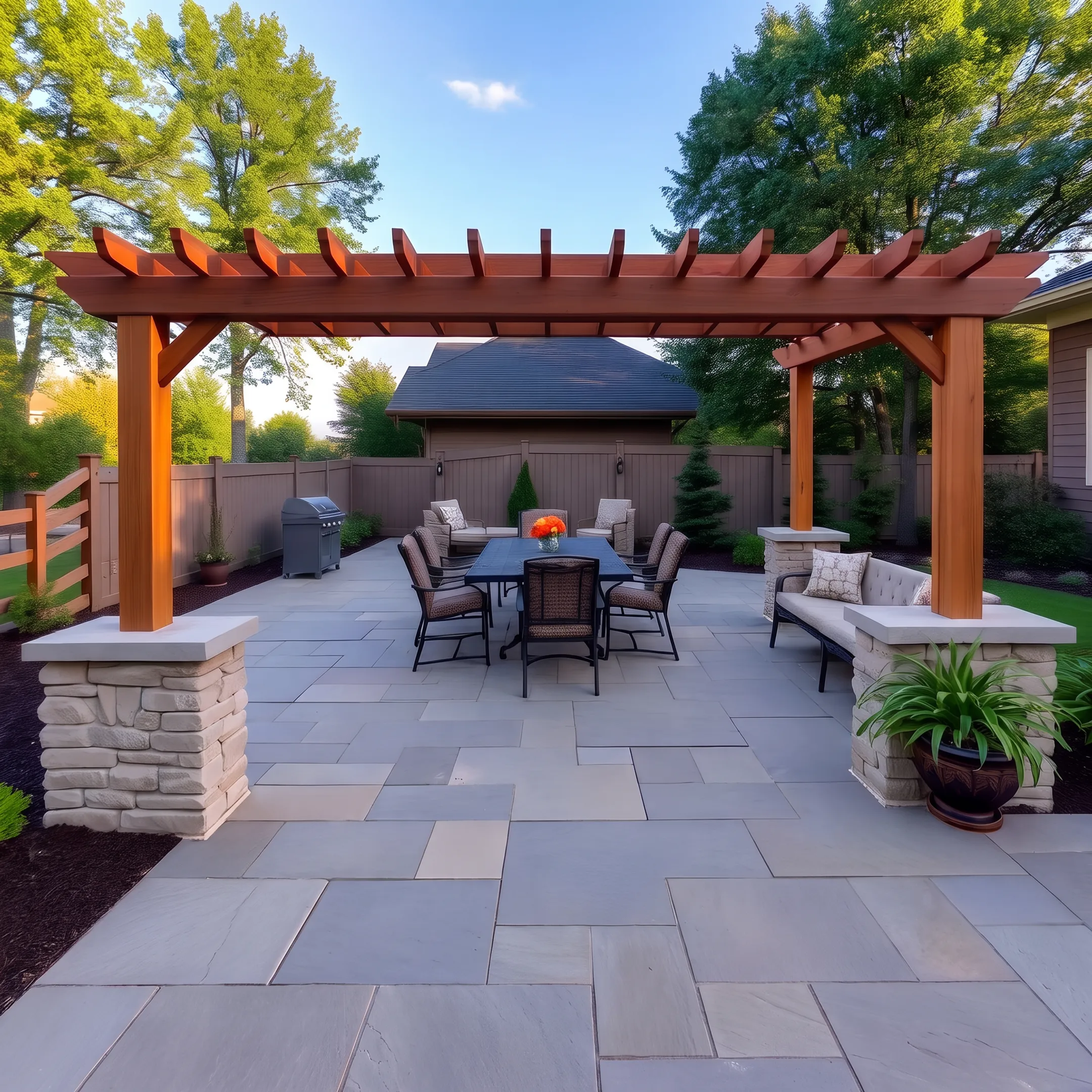 Custom stone paver patio installation with outdoor seating