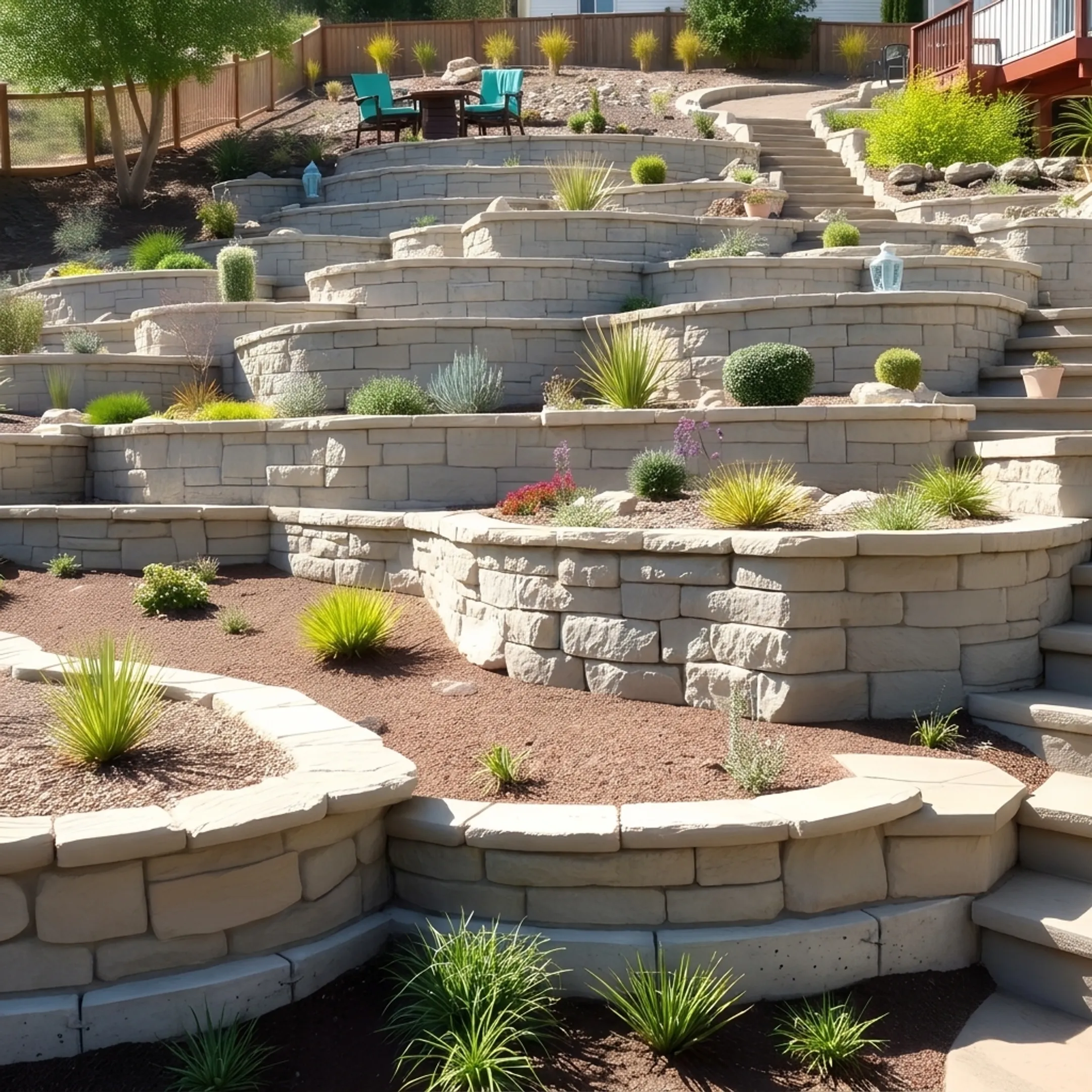 Masonry stone wall and concrete installation on a residential slope