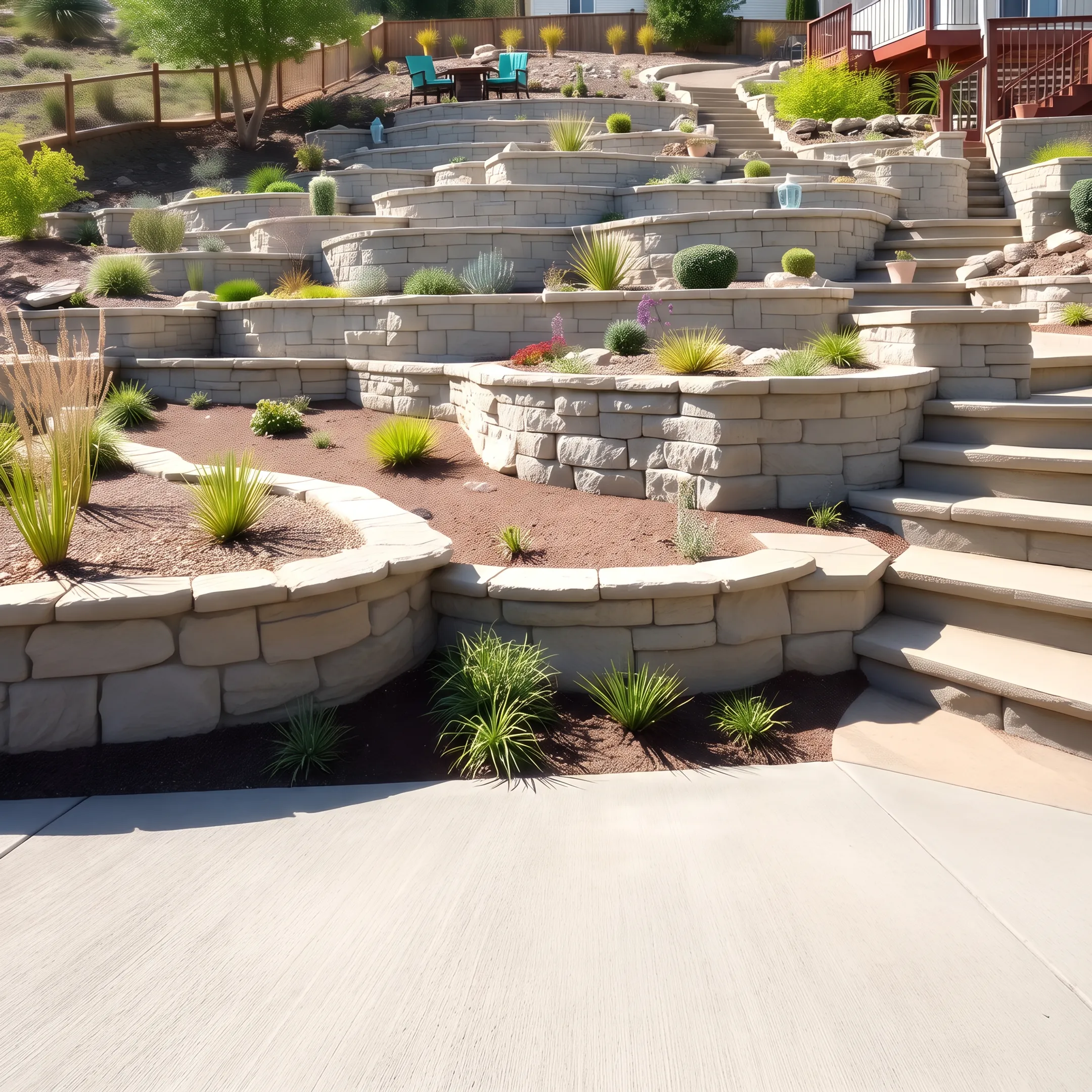 Custom masonry and concrete patio with stone retaining wall