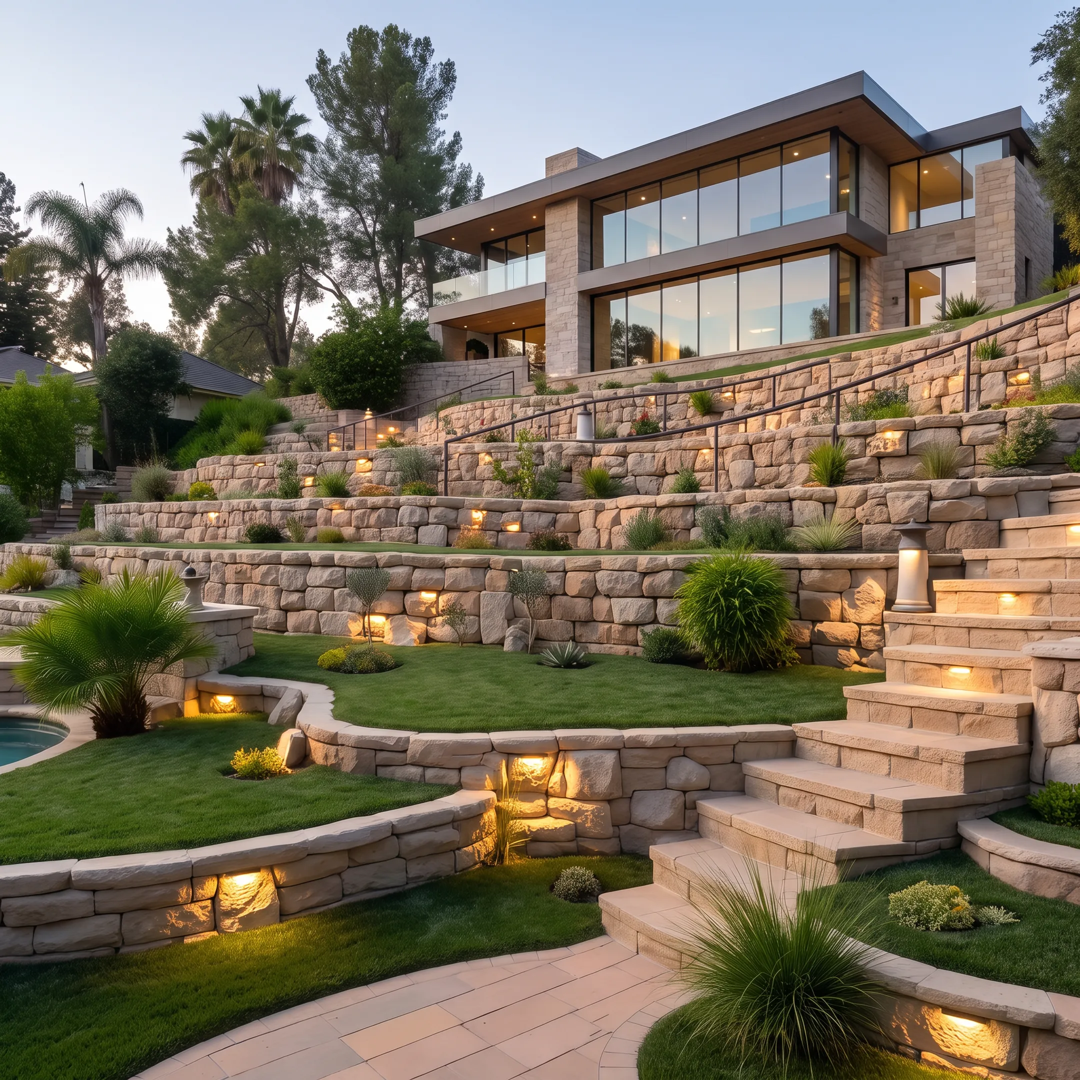 Beverly Hills residential estate featuring custom landscaping, lush planting, and stone pathways