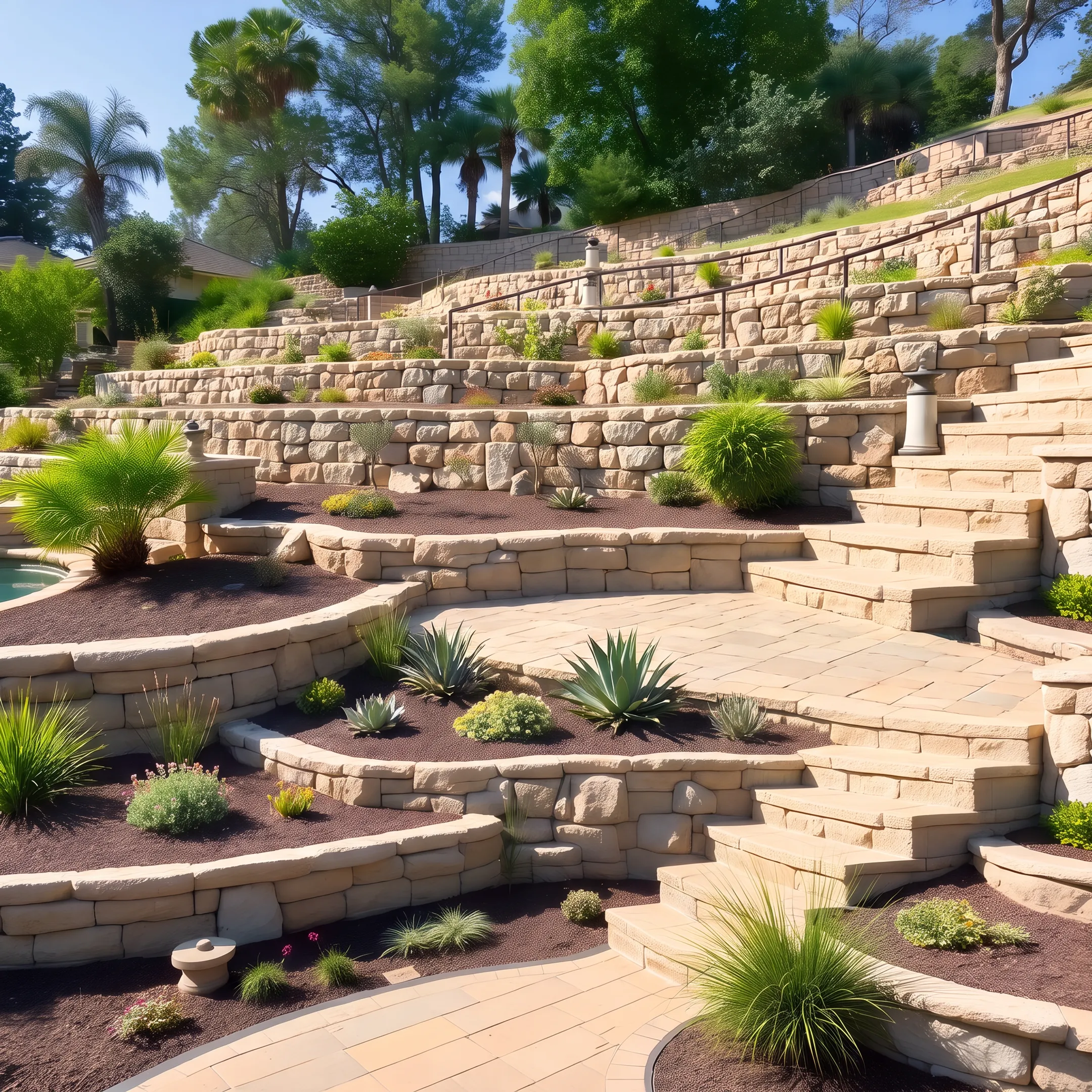 Terraced residential landscaping and stone retaining wall in Beverly Hills