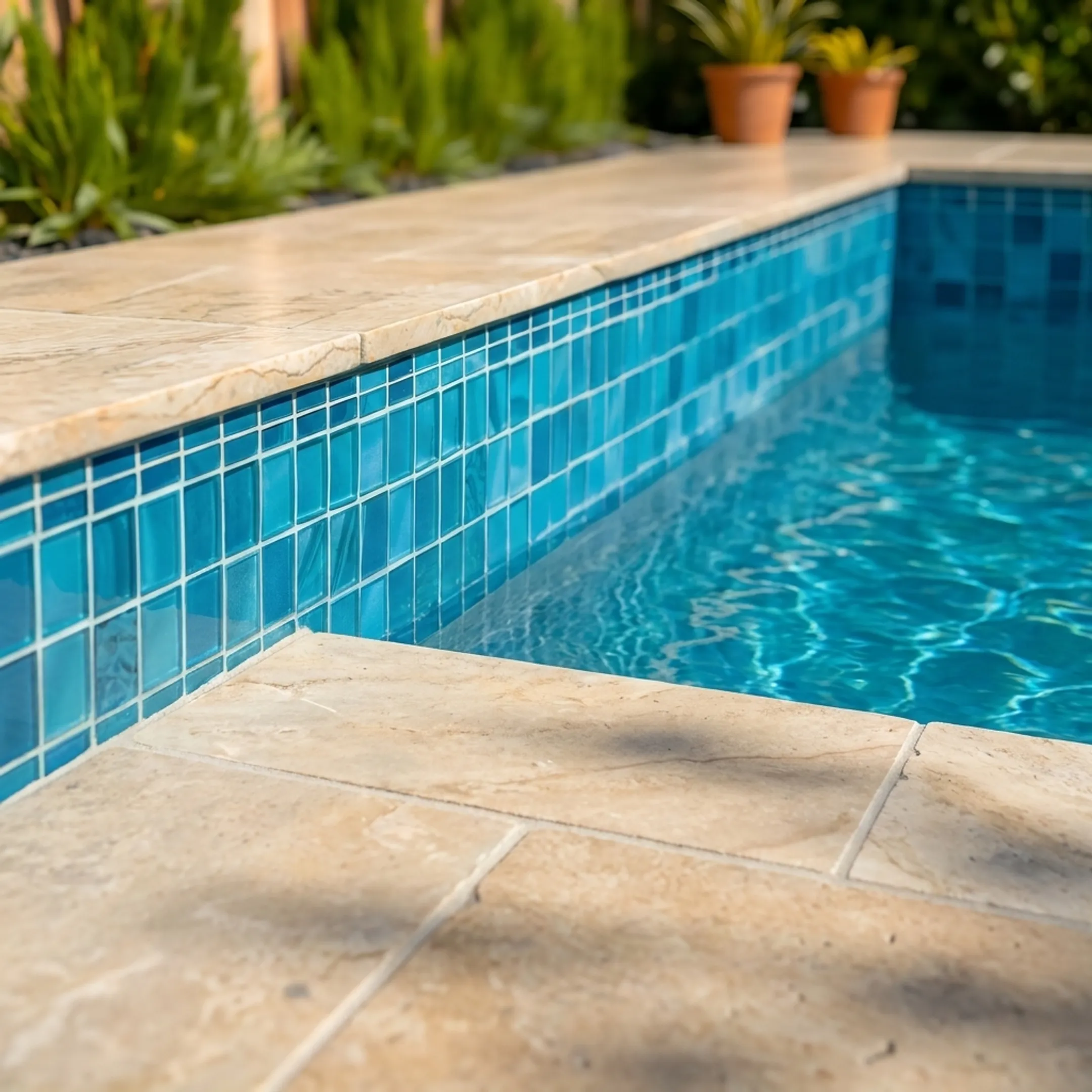 Newly remodeled custom residential swimming pool with surrounding stone patio deck