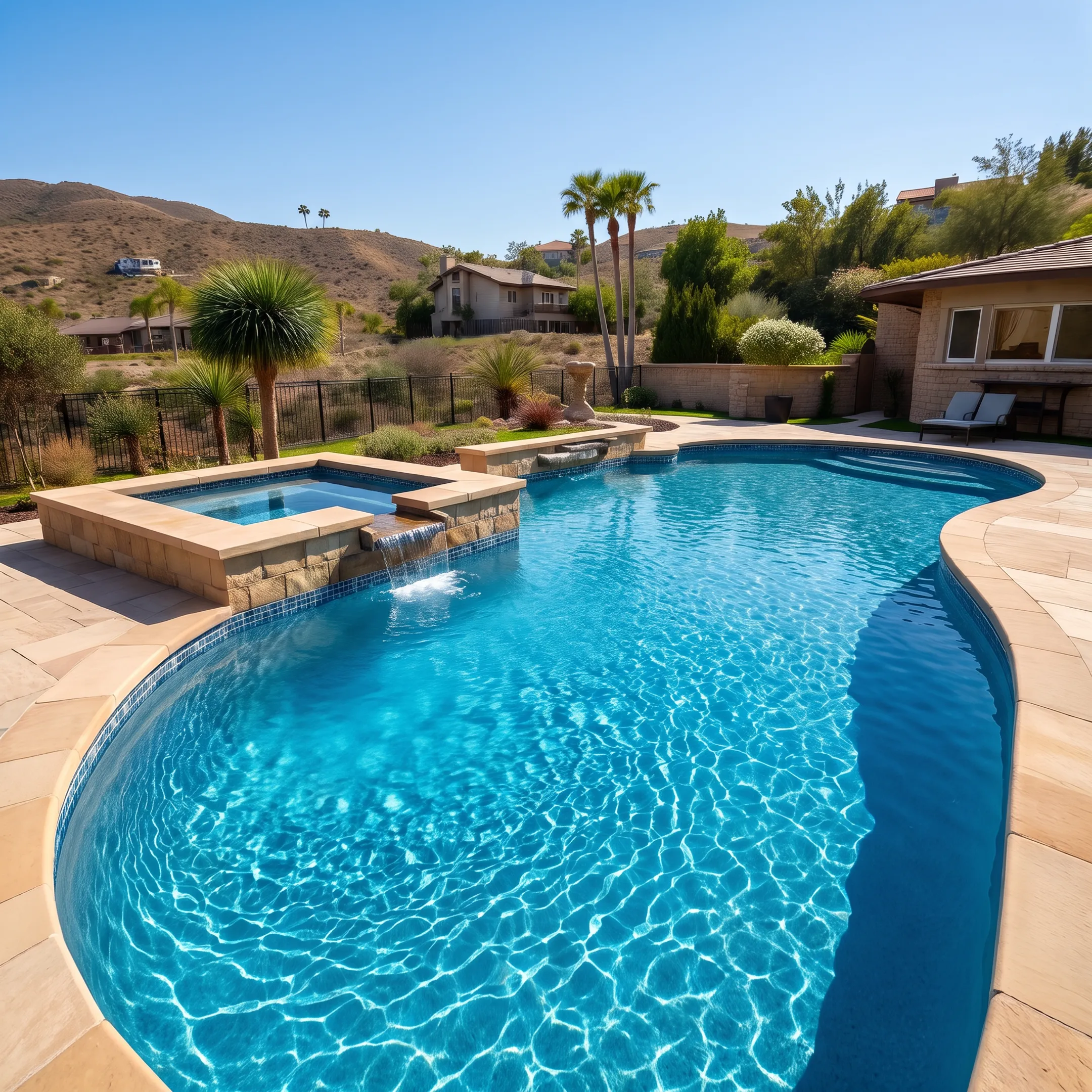 Custom gunite swimming pool and integrated spa in an outdoor residential patio