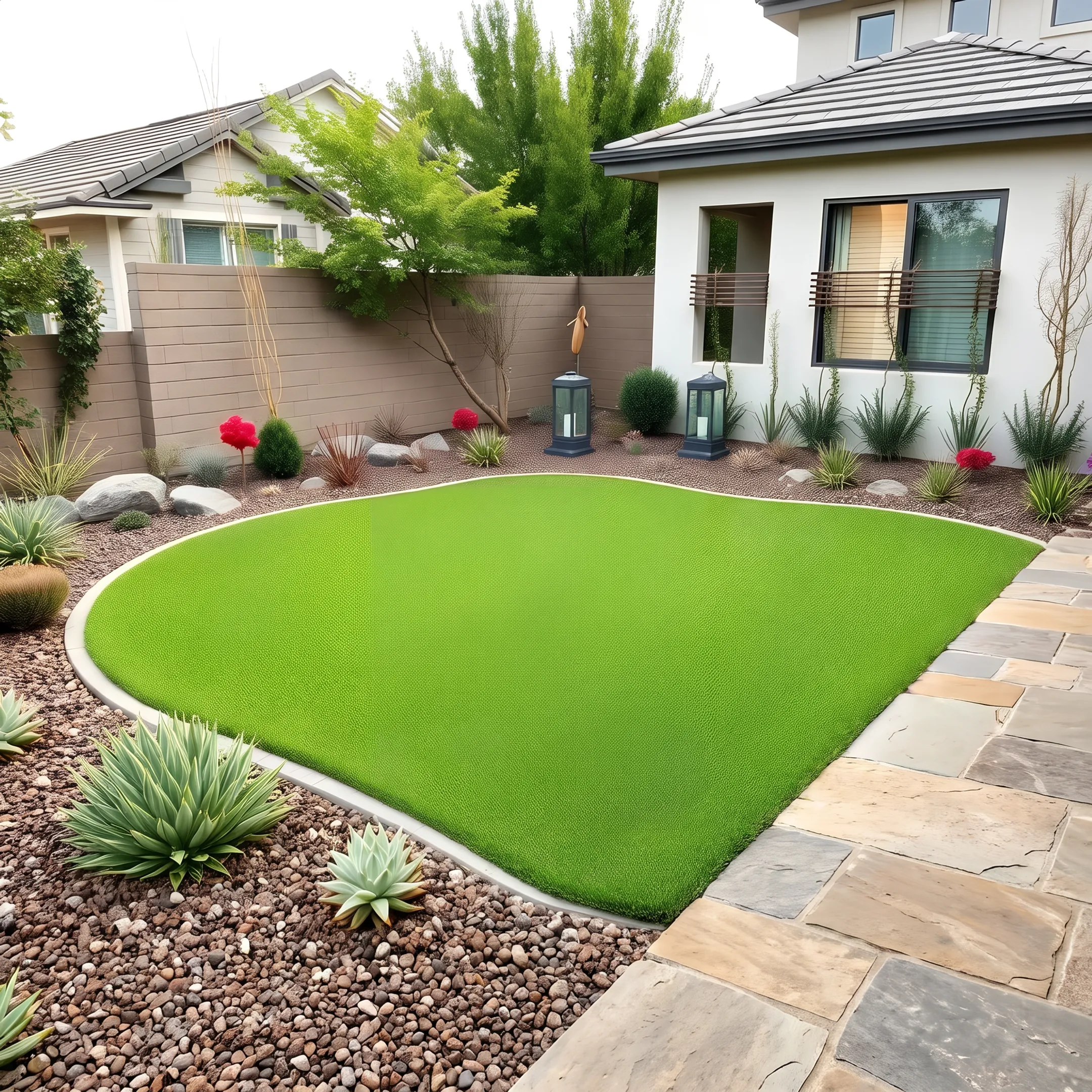 Lush residential backyard featuring newly installed artificial turf and stone border