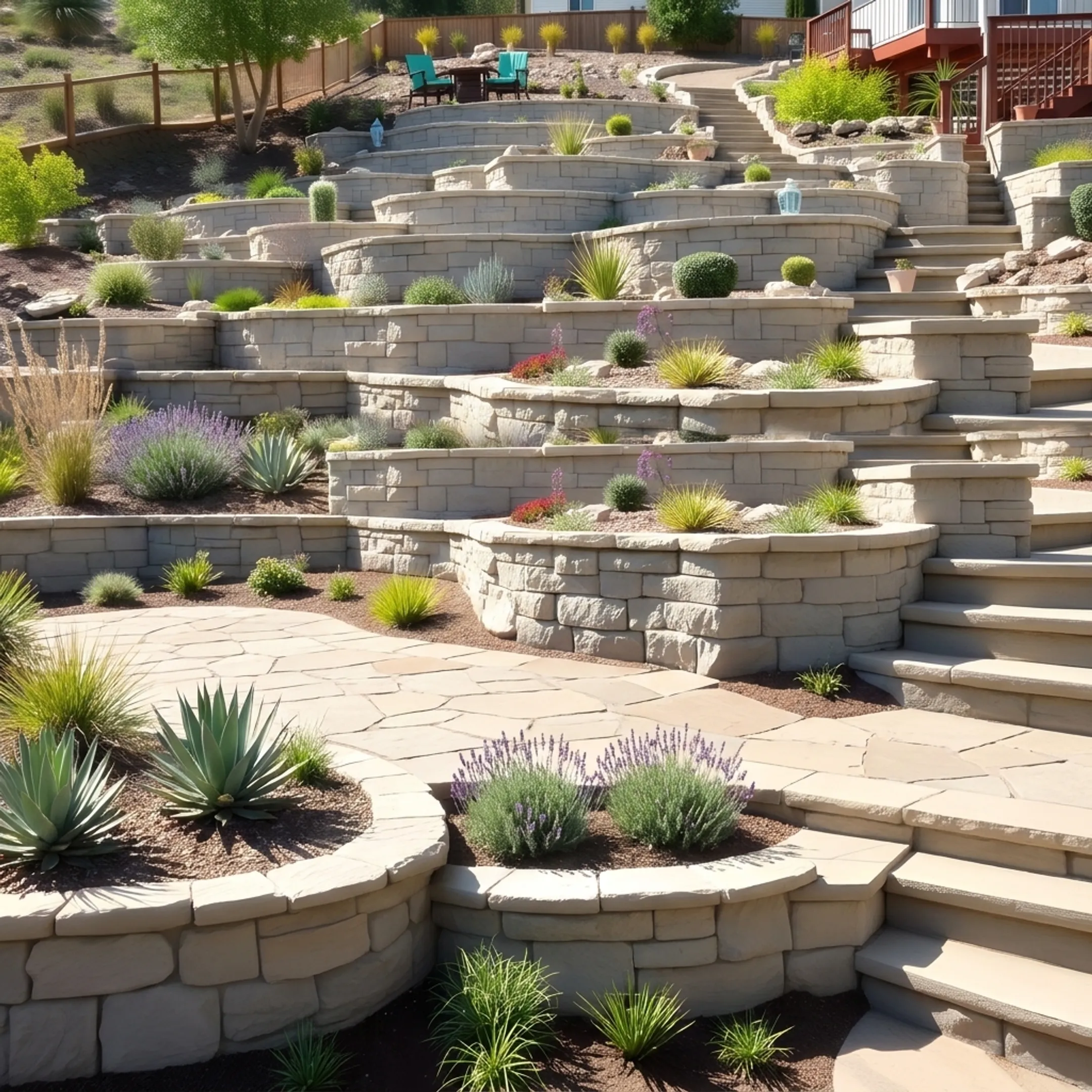 Engineered retaining wall and drought-tolerant landscaping on a residential property